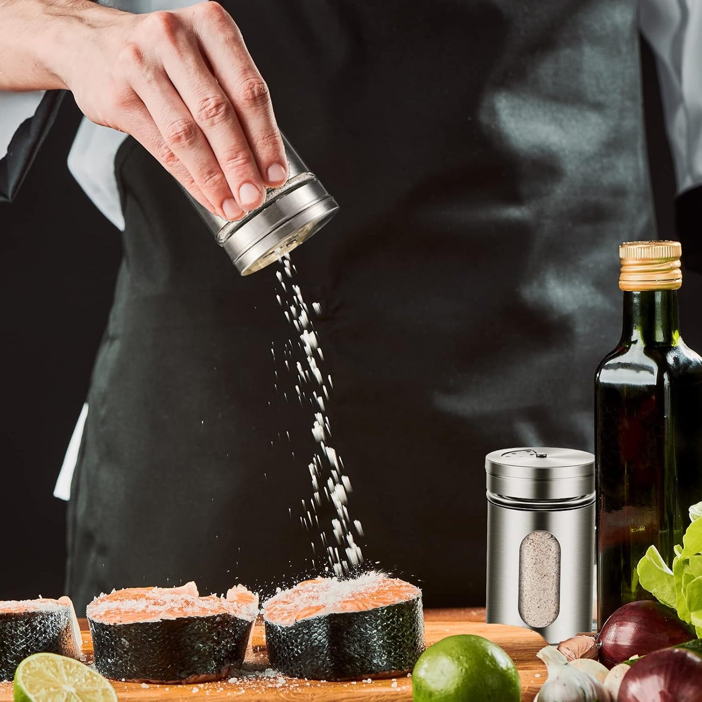 Dandat 12 Pcs Salt and Pepper Shakers Stainless Steel Spice Shakers with Adjustable Pour Holes and Glass Window 3.4oz Salt Dispenser Spice Jars with Rotating Lids for Sugar Seasoning Home