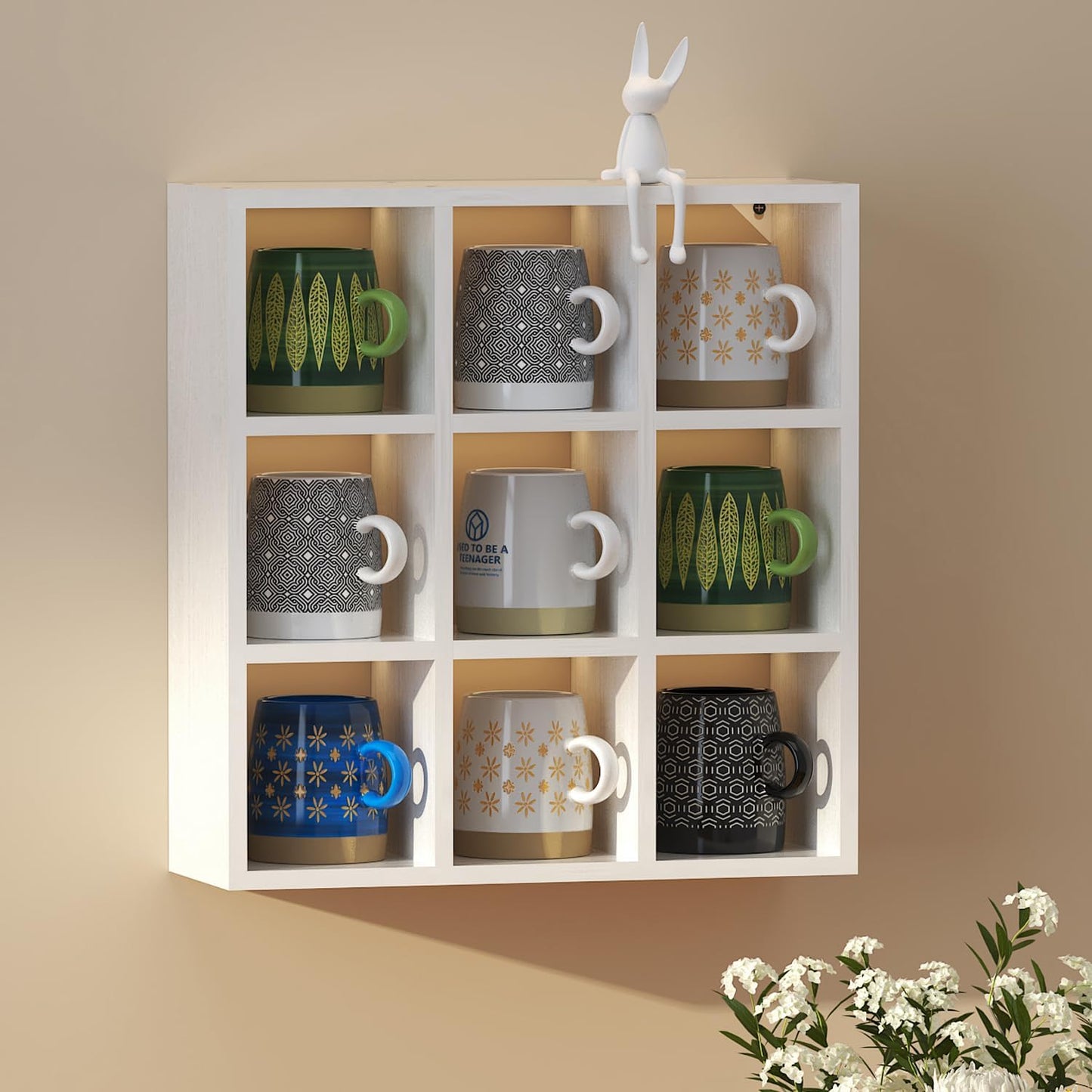 Helsin 9 Grid Vintage Coffee Mug Display Rack, 16inch Wall Mounted Wooden Curio Shadow Box Shelf, Cup Floating Shelves Display and Organizer (White)