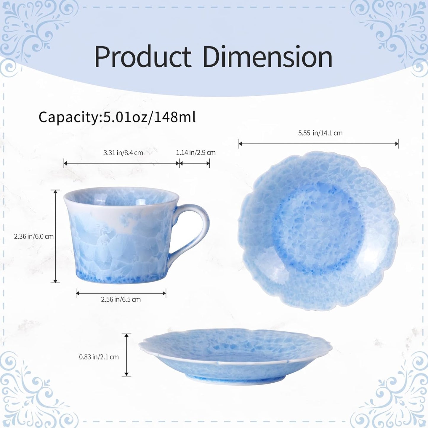 KAMMAK Tea Cups and Saucers Set of 2, Porcelain Coffee Cups, 5oz Crystalline Glaze Espresso Mugs, Ceramic Demitasse for Coffee, Cappuccino, Latte, Americano, Tea (Ice crystal blue + greenish blue)