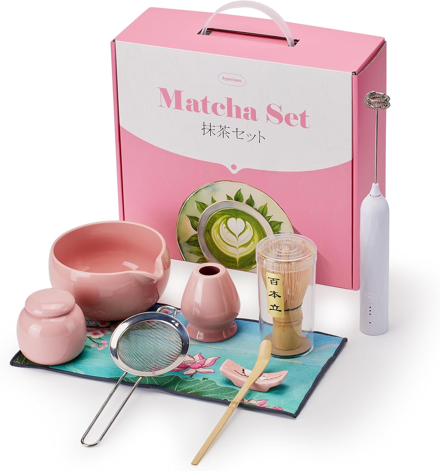 Matcha Whisk Set,9 Pcs Japanese Matcha Set Pink, Matcha Kit with Sifter, Matcha Tea Cloth, Matcha Powder Canister, Electric Rechargeable Frother(Pink)