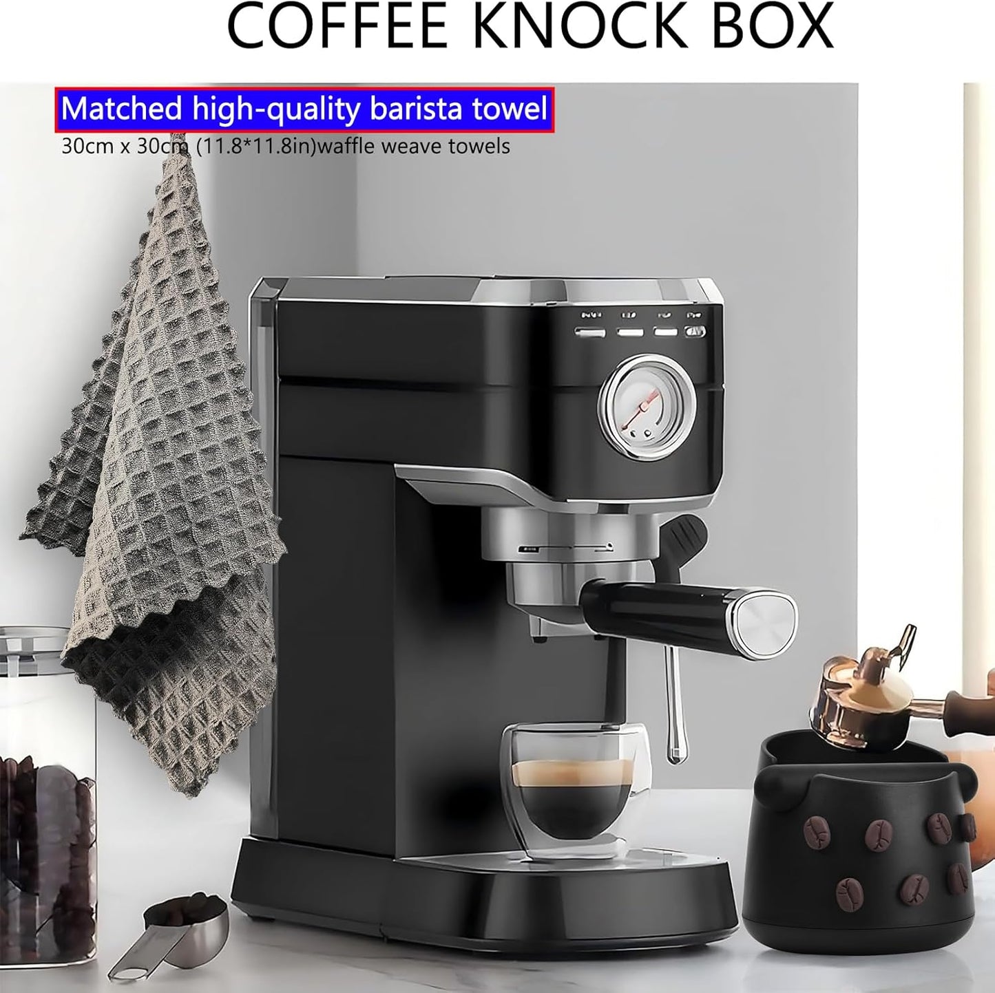 Coffee Knock Box, Espresso Knock Box with Barista Towels, Coffee Grounds Container Disposal,Removable Knock Bar and Non-Slip Base, Espresso Machine Accessories,Black, JDHAVMOS