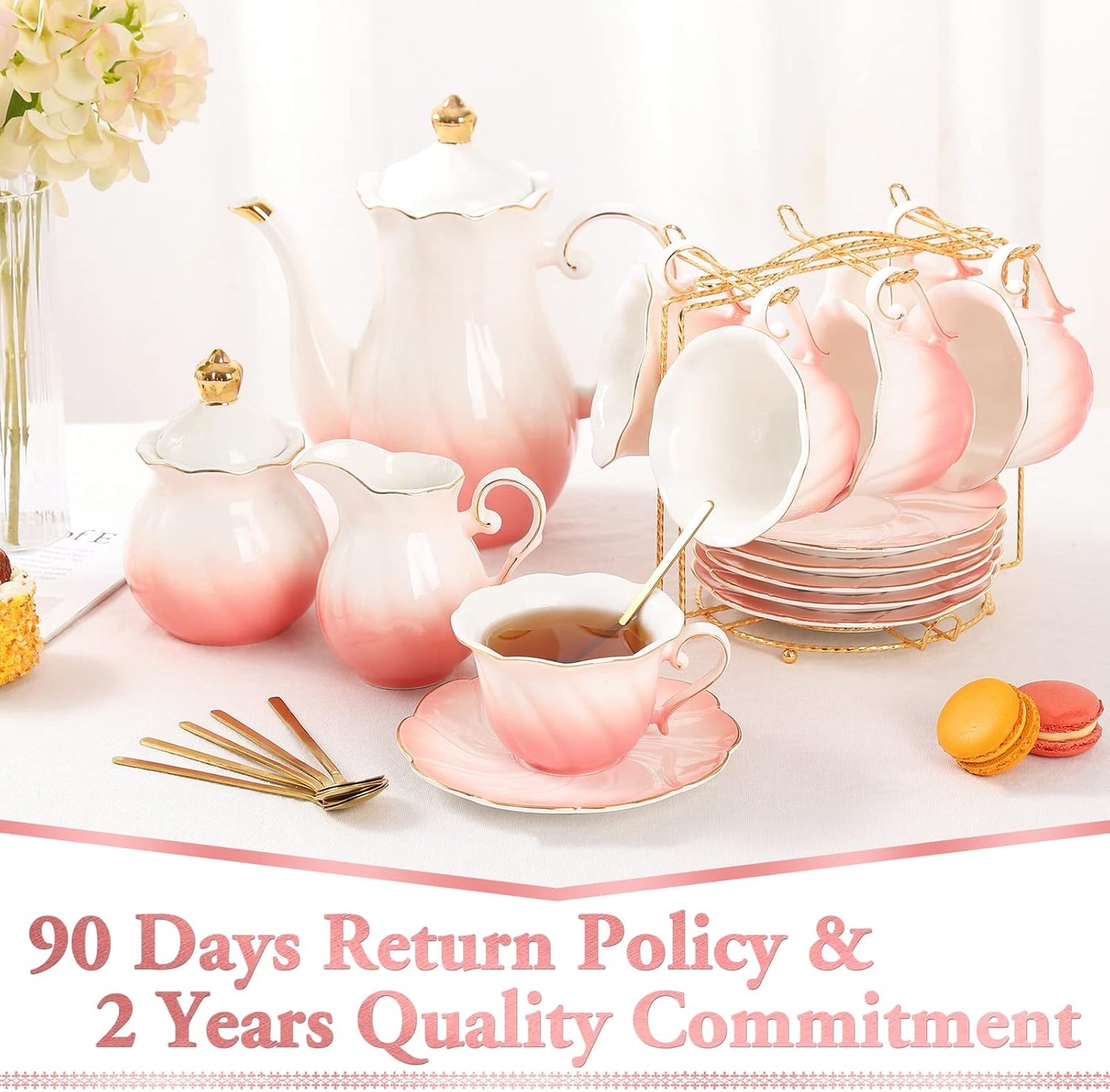 DUJUST 22 pcs Porcelain Tea Set for 6, Luxury British Style Tea/Coffee Cup Set with Golden Trim, Beautiful Tea Set for Women, Tea Party Set, Gift Package (With a Stand) - Gradient Pink