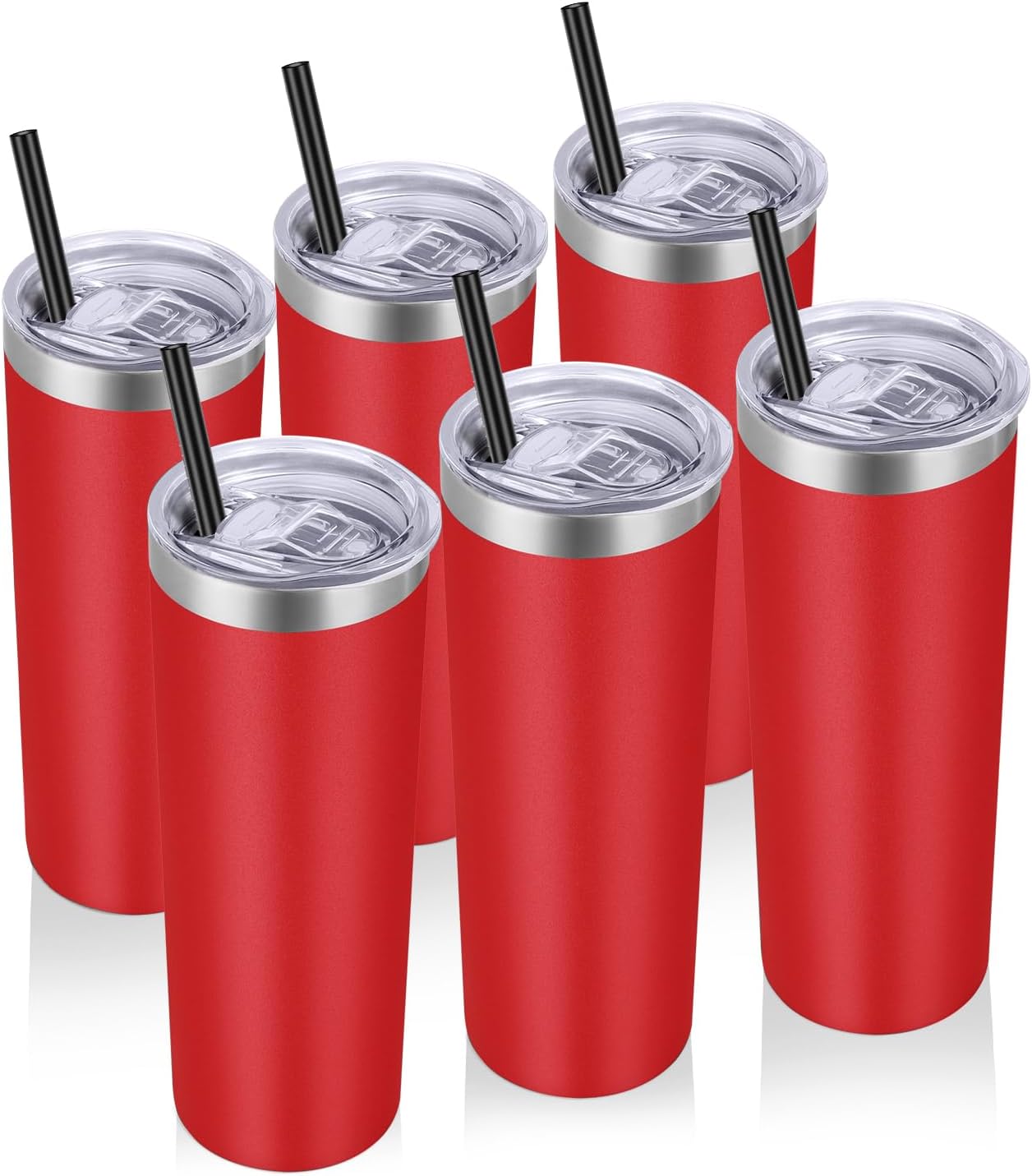 VEGOND 20 oz Stainless Steel Skinny Tumbler with Lids and Straws, 20oz Vacuum Insulated Slim Tumbler Cup, Double Wall Travel Tumblers Bulk for Cold Hot Drinks, Red 6 Pack