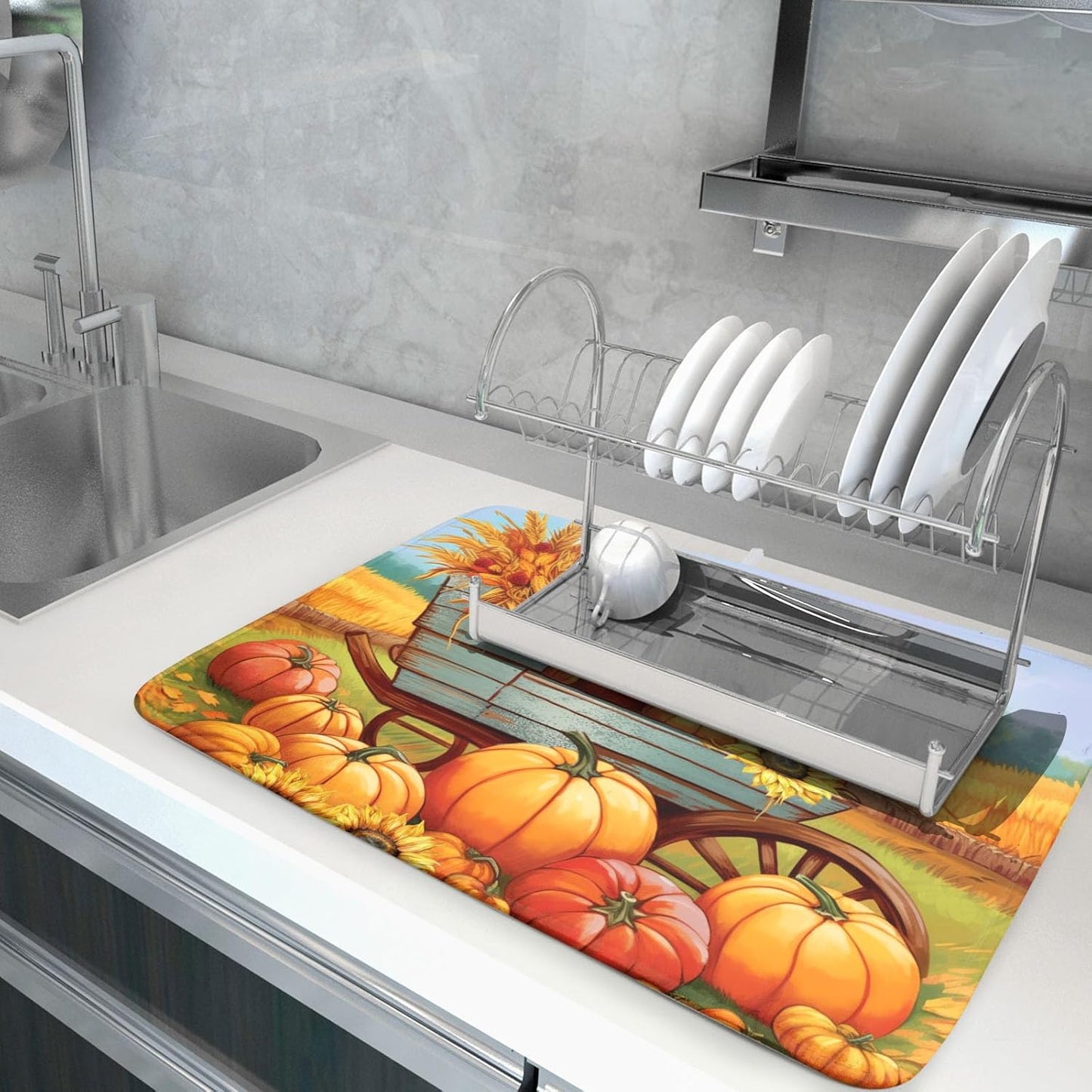 Thanksgiving Autumn Harvest Pumpkin Dish Drying Mat for Kitchen Counter,Sunflowers and Cart Drying Mat 18 x 24 Inch Microfiber Dish Drying Pad Ear of Rice Dish Rack Drainer Mat for Coffee Bar