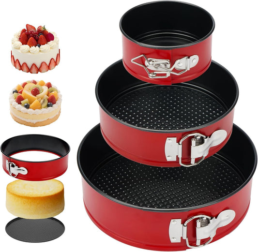 Springform Cake Pan Set,Non-Stick Springform Pans Set of 3(4, 7, 9 inches),Leak-Proof Round Cake Pans with Removable Bottom for Baking Cake Pie Pizza and Quiches (Red3)