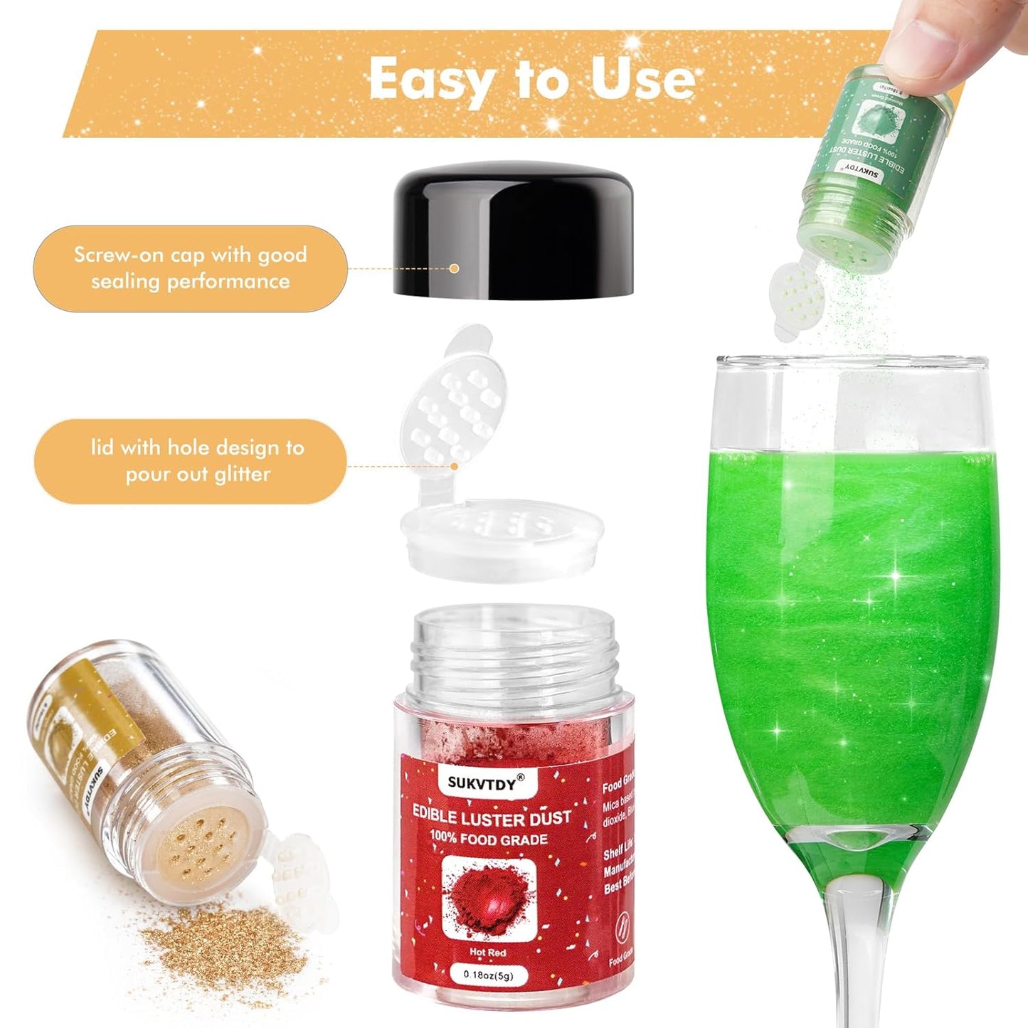 Edible Glitter for Drinks, 3 Colors Luster Dust Edible Set, 5g Food Grade Drink Glitter for Cakes Cookies Drinks Chocolate Decoration