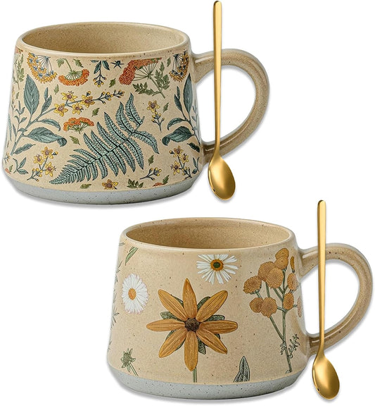 Floral Coffee Cup, 12oz Ceramic Hand Painted Porcelain Mug with Premium Gold Spoon, Cup for Cappuccino, Macchiato, Latte, Cafe, Tea, Unique Gift Idea (Summer's Whispers + Graceful Daisies)