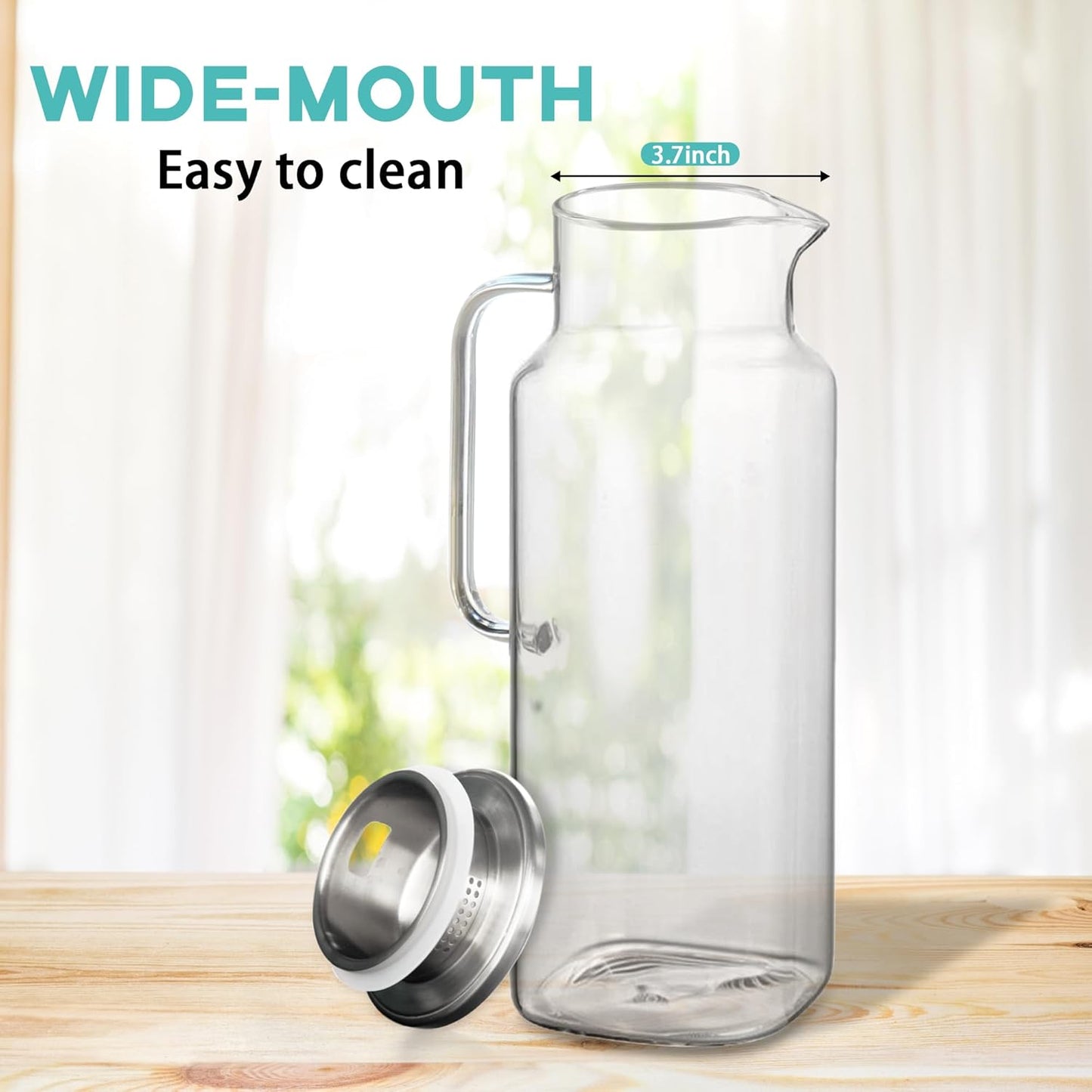 68 Oz Square Glass Pitcher with Lid and Spout, 2 Quart Lightweight Water Pitchers for Hot/Cold Drink, Heat Resistant, Borosilicate Jugs, Glass Carafe with Handle,Ideal for Fridge Storage(1Pack)