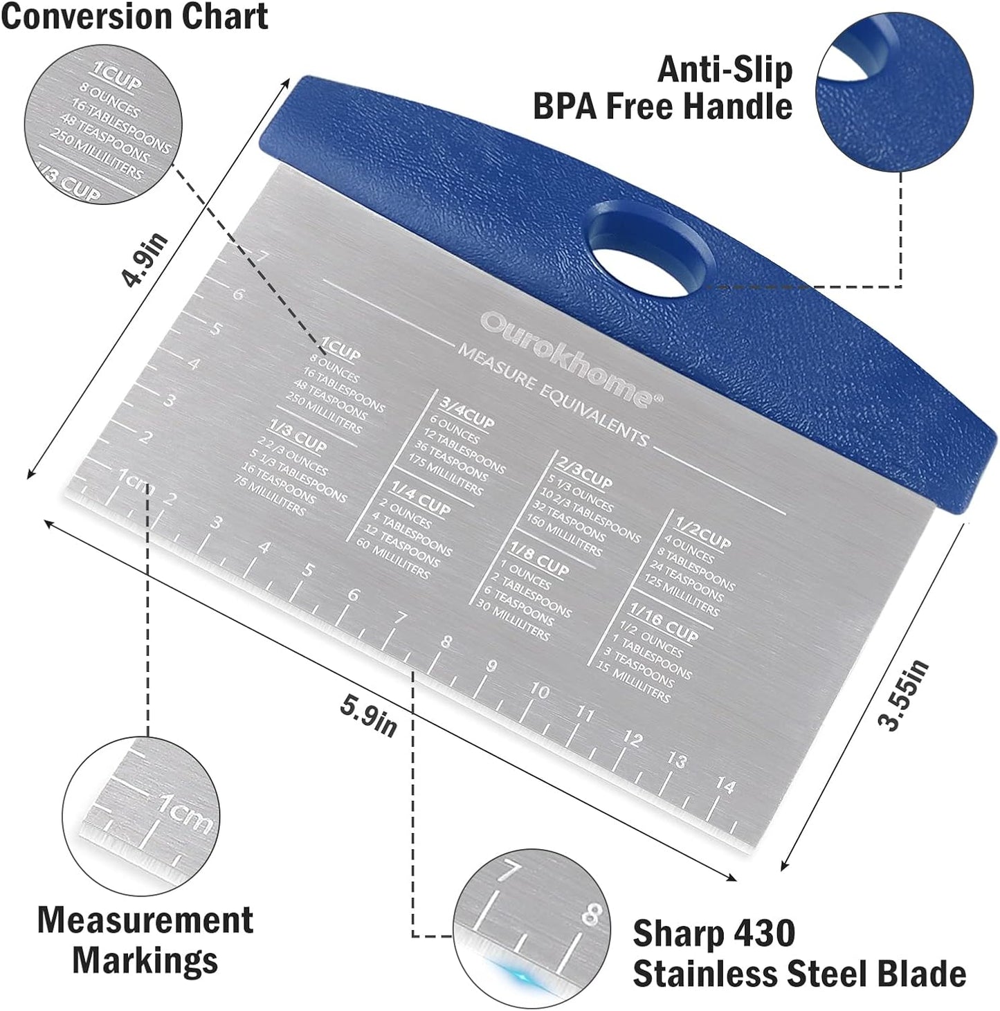 Ourokhome Dough Pastry Bench Cutter Scraper, Stainless Steel Pizza Cutter for Kitchen Baking, Dishwasher Safe, Anti-Wear Laser-Engraved Measuring Scale and Conversion Chart, 2 Pack, Blue