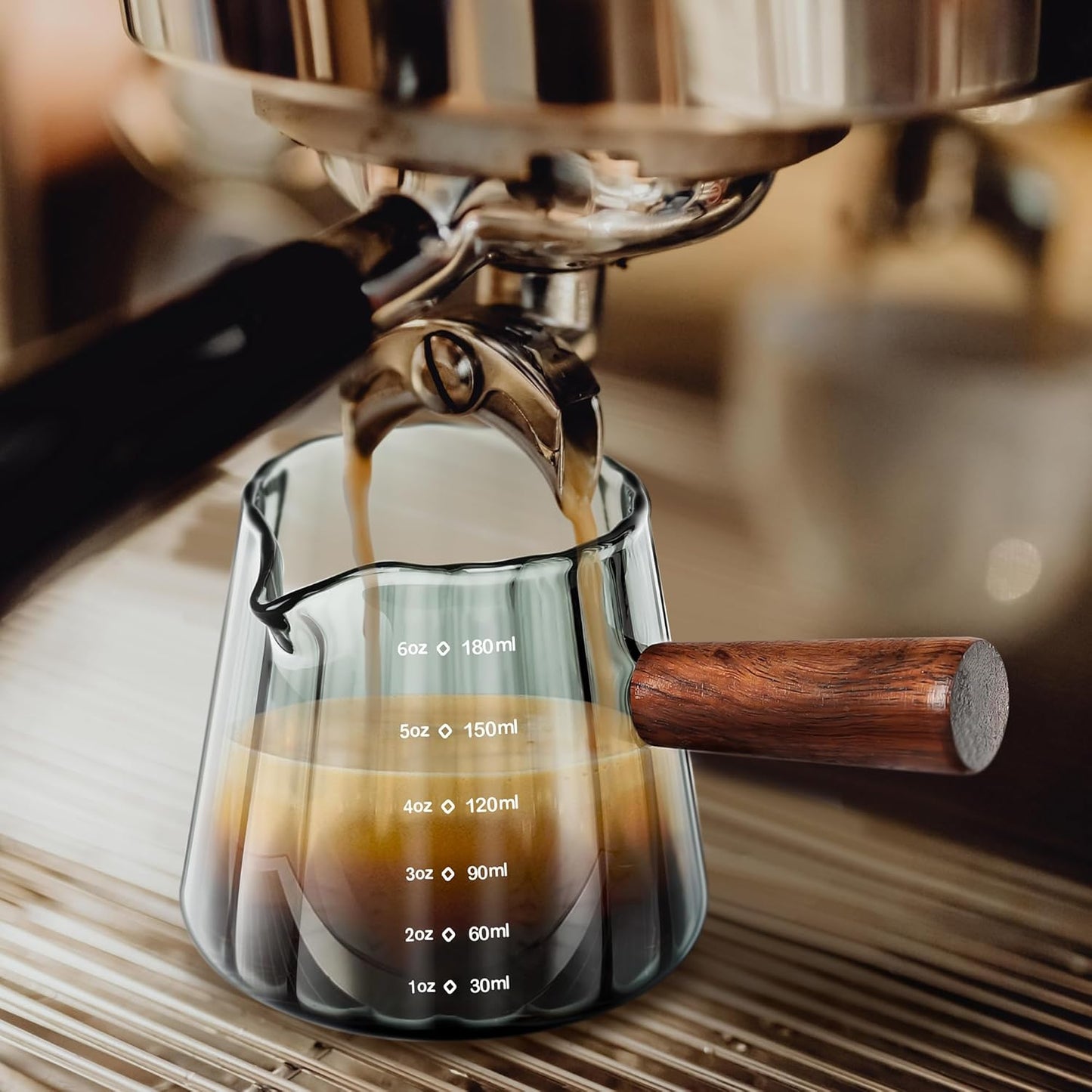 Joeyan 6 oz Grey Glass Measuring Cups with Spout,Borosilicate Glass Triple Pitcher with Scale,Origami Style Espresso Shot Glasses with Wood Handle for Coffee Milk,Dishwasher Safe