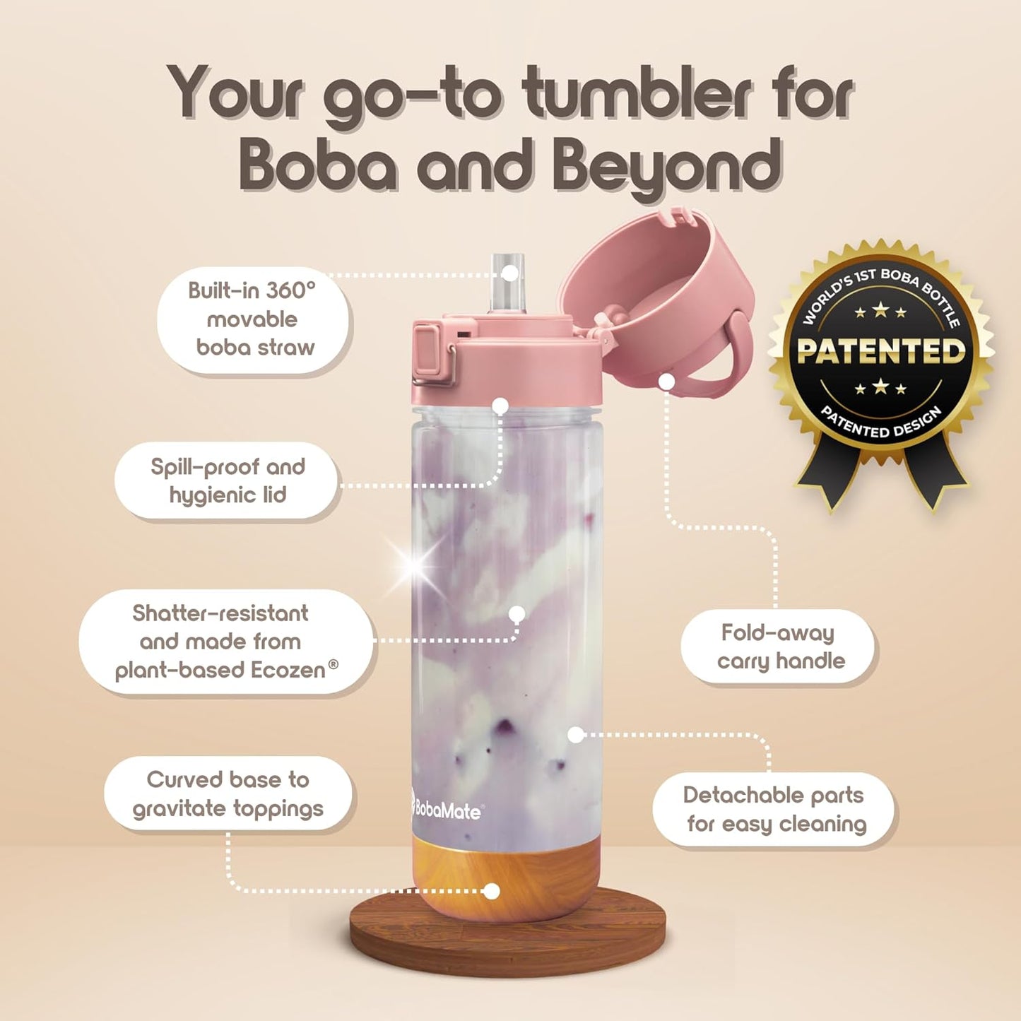 BobaMate® 25 oz Reusable Boba Cup & Tumbler with Lid, Straw, & Handle – Iced Coffee, Smoothie, Iced Matcha Cup – Spill-Proof, Shatter-Resistant, BPA-Free – Ube