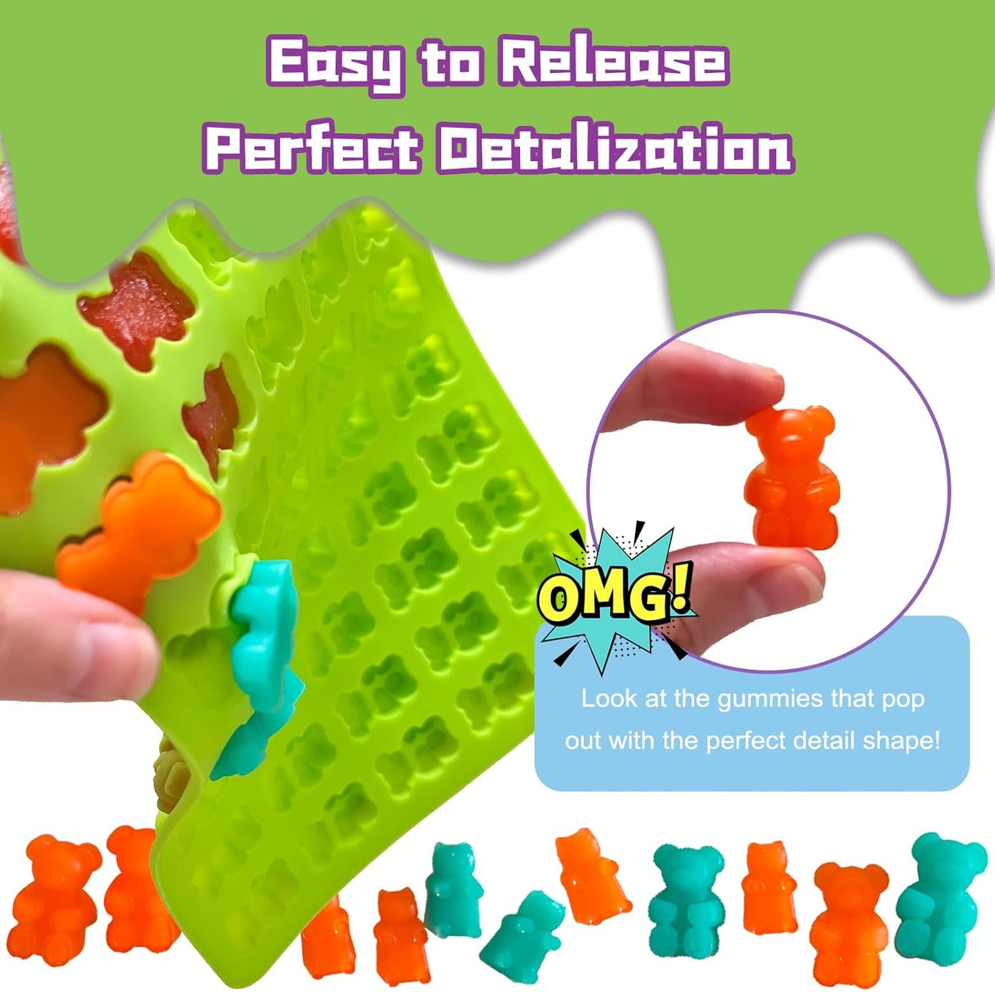 Two Different Sizes Gummy Bear Candy Molds, Set of 4 Non-Stick Silicone Candy Chocolate Gummy Molds with 2 Droppers