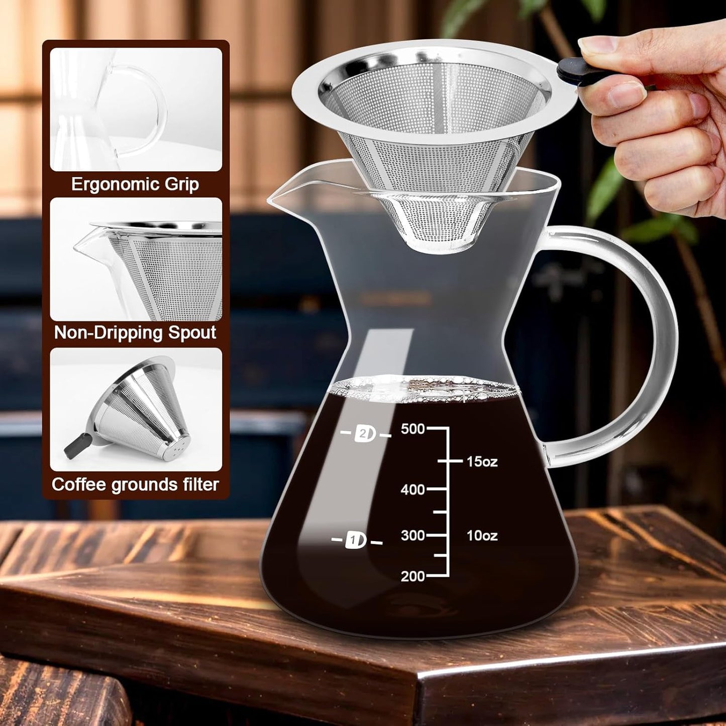 500ML(16.9oz) Glass Pour Over Coffee Maker with Double Stainless Filte - 4 Cup (Approx Refers to 4 oz. Per Cup) Thickened Heat-Resistant Paperless Pour Over Coffee Dripper Perfect Extraction for Home