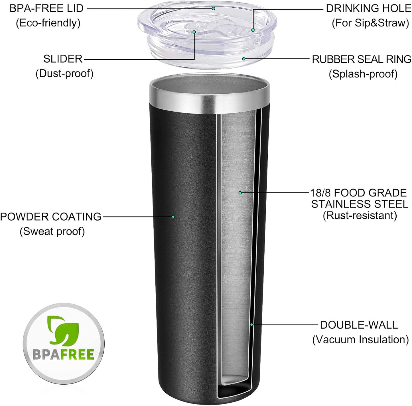 VEGOND Stainless Steel Tumblers Bulk 8 Pack, 20 oz Vacuum Insulated Skinny Tumblers with Lid and Straw, Double Wall Coffee Mug, Travel Water Cup, Black