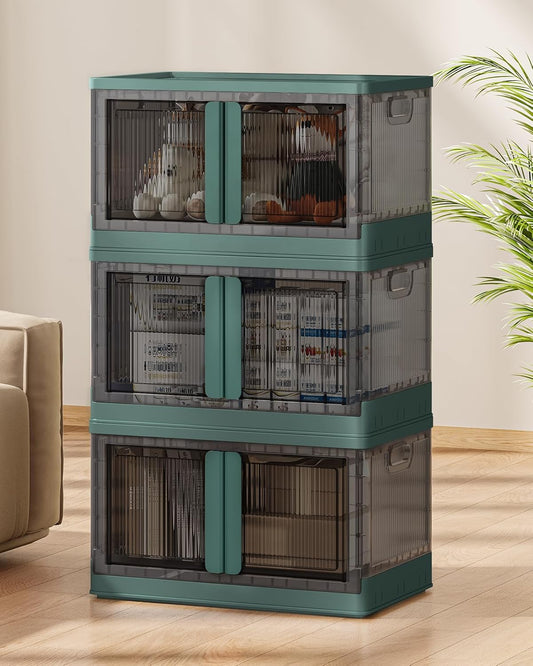 19Gal Collapsible Storage Bins with Lids & Wheels - 3 Pack Stackable with Doors, Heavy-Duty Plastic Containers for Home/Office, Green