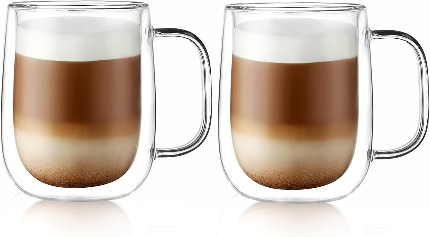 CNGLASS Large Double Wall Glass Coffee Mug 15.2oz,Clear Insulated Glass Espresso Cup with Big Handle,set of 2