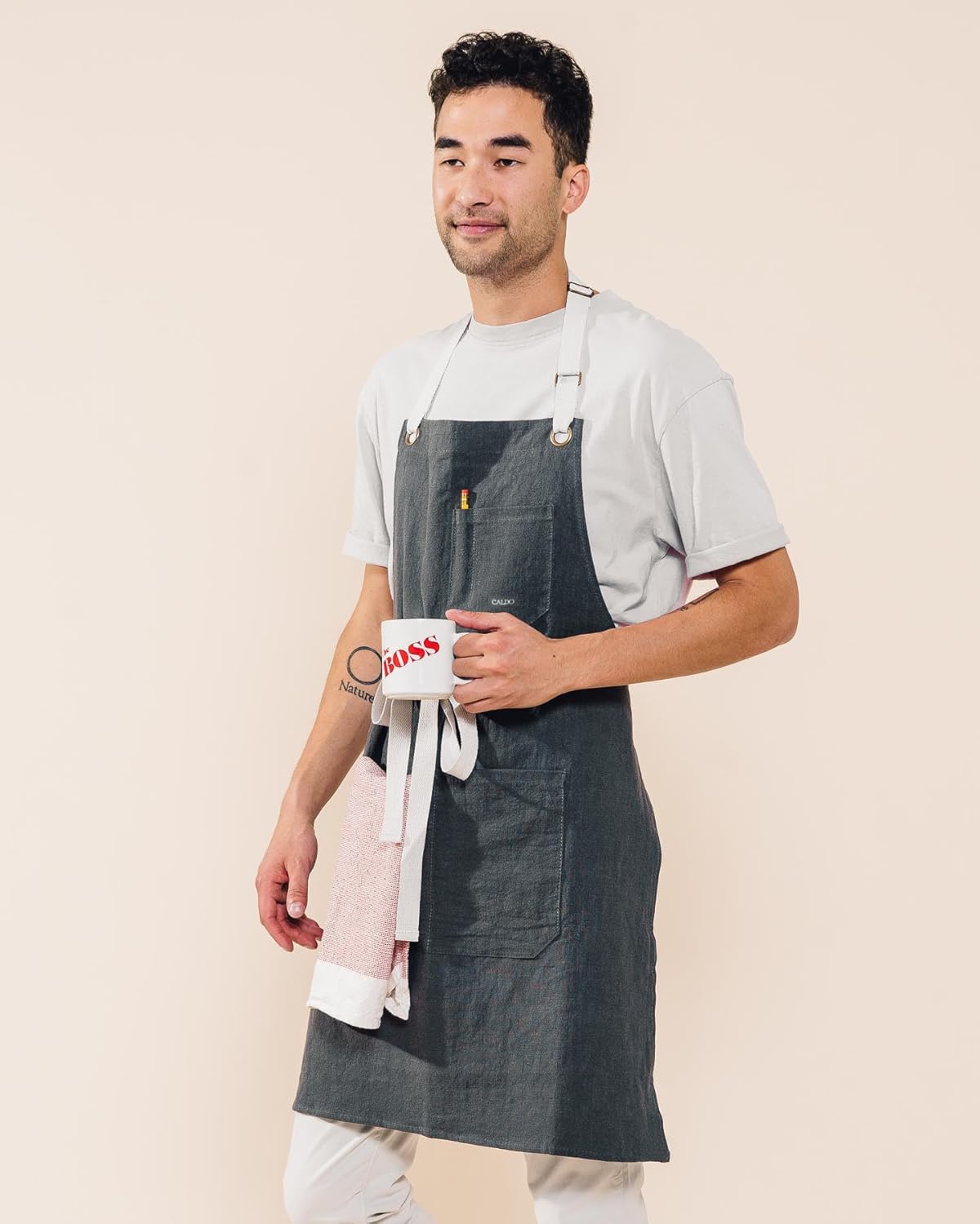 Caldo Linen Kitchen Apron for Cooking- Mens and Womens Linen Bib Apron for Professional Chef, Server, or Barista - Adjustable with Pockets (Slate)