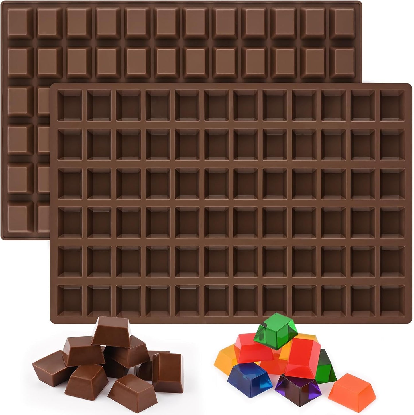 Sakolla 2 Pack Square Chocolate Molds, 72 Cavities Terrace Silicone Molds for Chocolate, Candy, Gummy, Jelly, Ganache, Ice Cubes (Brown)