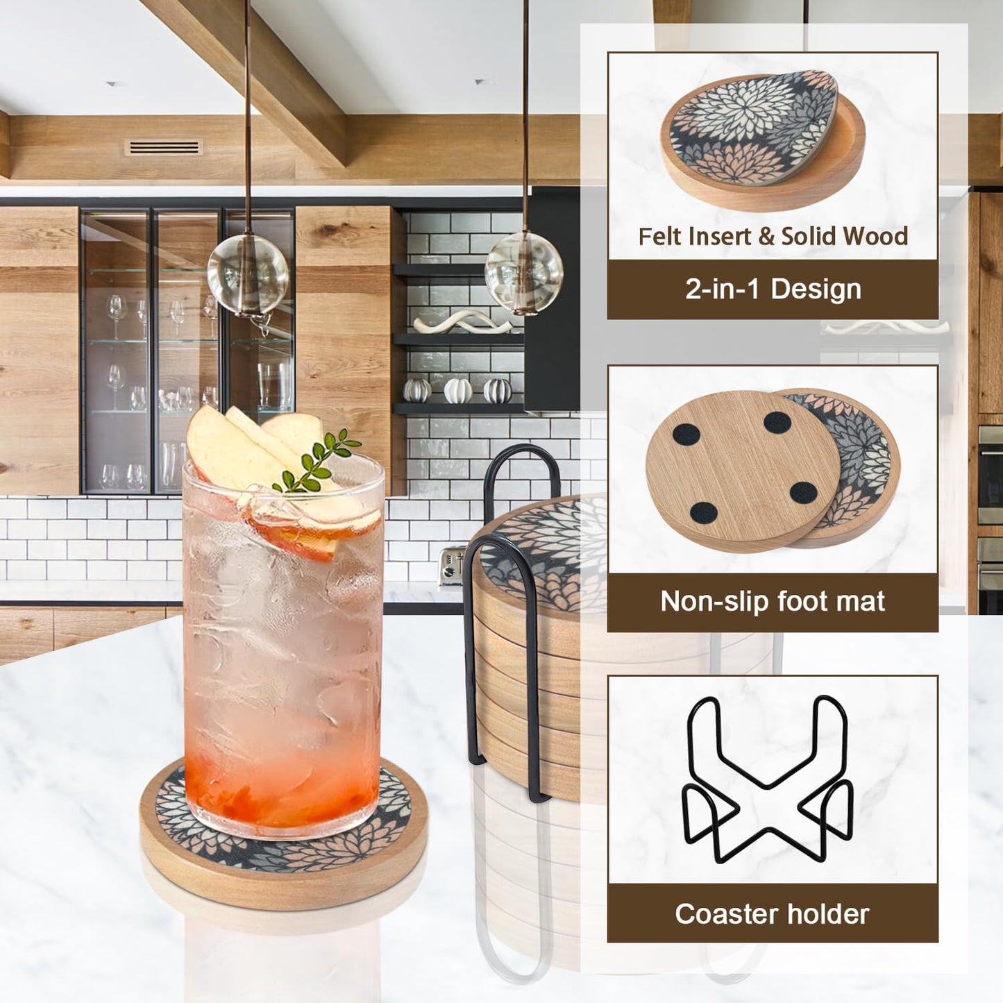 Wood Coasters Set of 6 with Holder, Cewiru Cup Mat for Drinks, Absorbent Coasters with Felt Insert for Coffee Table Protection, Modern Style Home Dining Table Decor, 4.3" Mix Brown