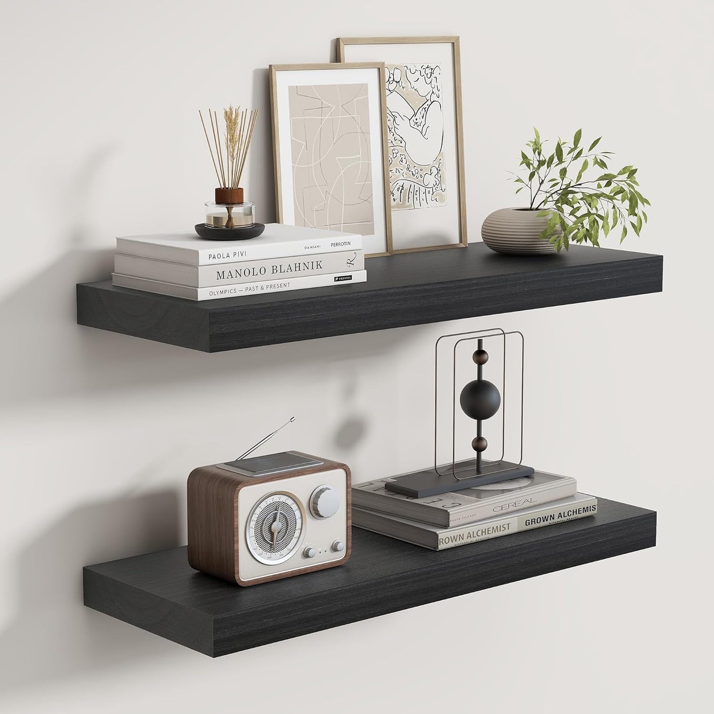 Fun Memories Rustic Floating Shelves for Home Decor, 8 Inch Deep Floating Shelf, Solid Wood Floating Wall Shelves 24 Inch Long, Deep Wall Shelves for Bathroom, Living Room, Black Finsh, Set of 2