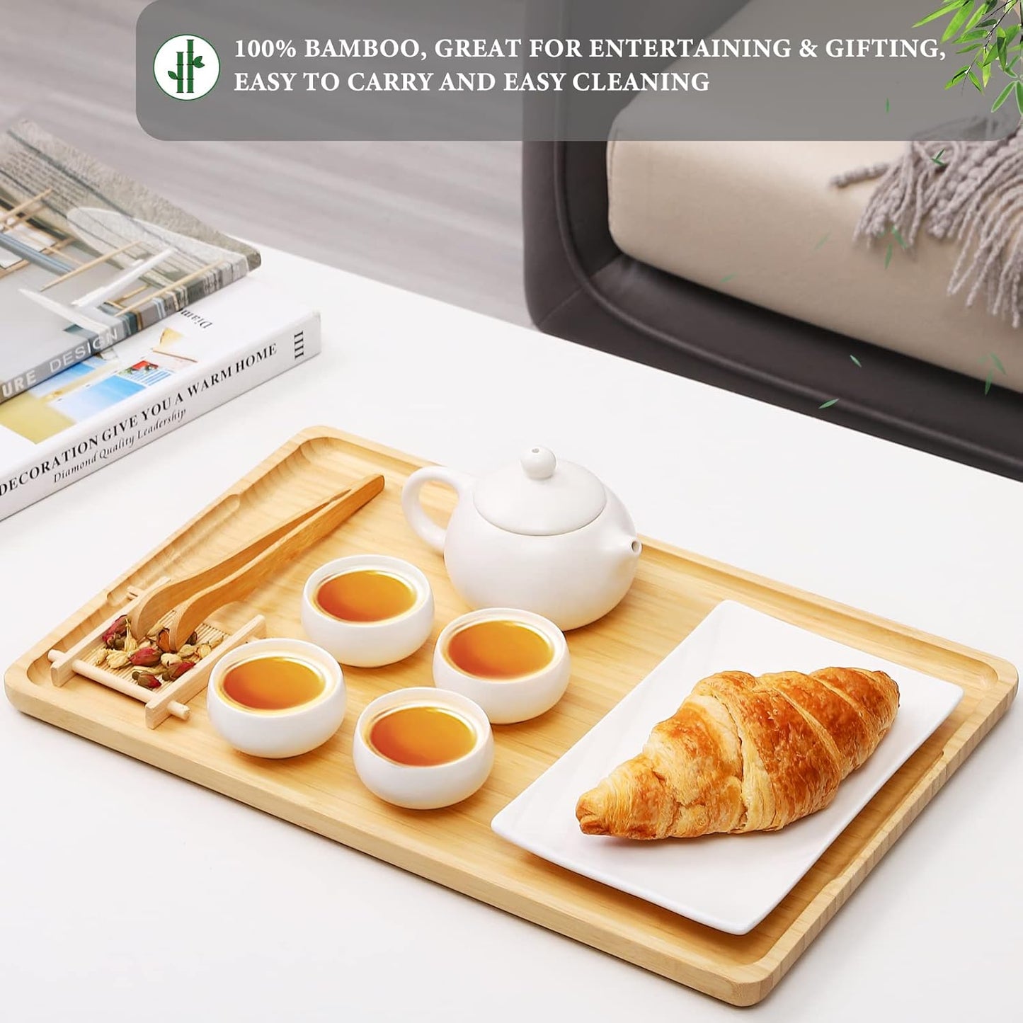 Bamboo Serving Tray with Handles – Premium 15”x10” Lightweight Bamboo Tray for Breakfast in Bed, Coffee Table, BBQ, Kitchen, Ottoman & Party – Perfect for Lap, Couch & Gifting