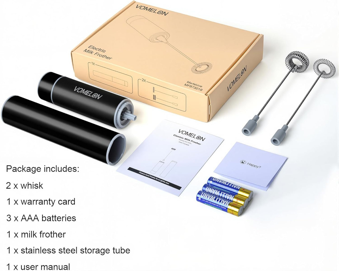 Milk Frother Handheld, Battery Operated Coffee Foamer Drink Mixer with 2 Stainless Steel Electric Whisks for Coffee, Latte, Cappuccino, Hot Chocolate, Protein，Egg Batteries Included,Black