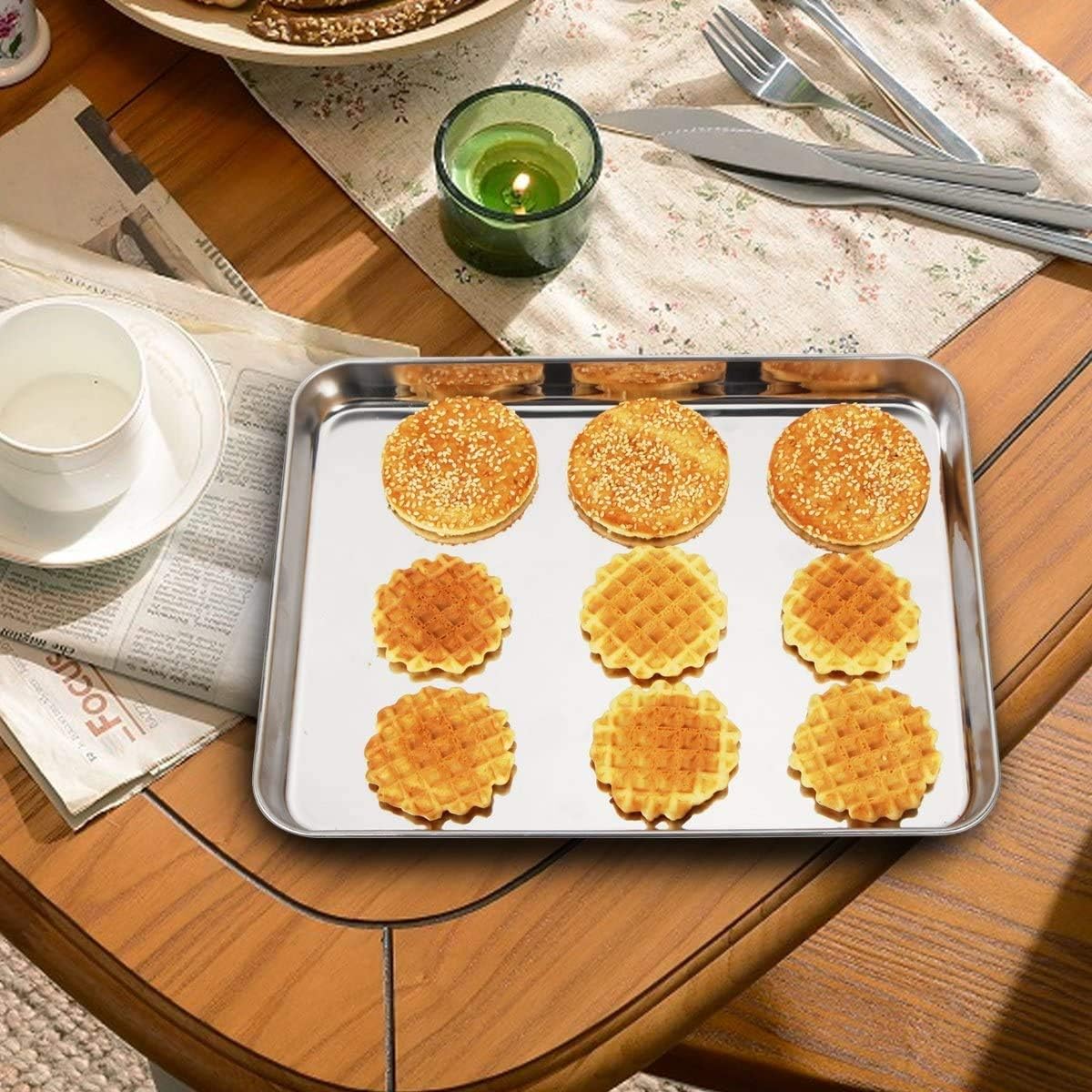 Baking Sheet with Rack Set [2 Pans + 2 Racks], Wildone Stainless Steel Cookie Sheet Baking Pan Tray with Cooling Rack, Size 10 x 8 x 1 Inch, Non Toxic & Heavy Duty & Easy Clean