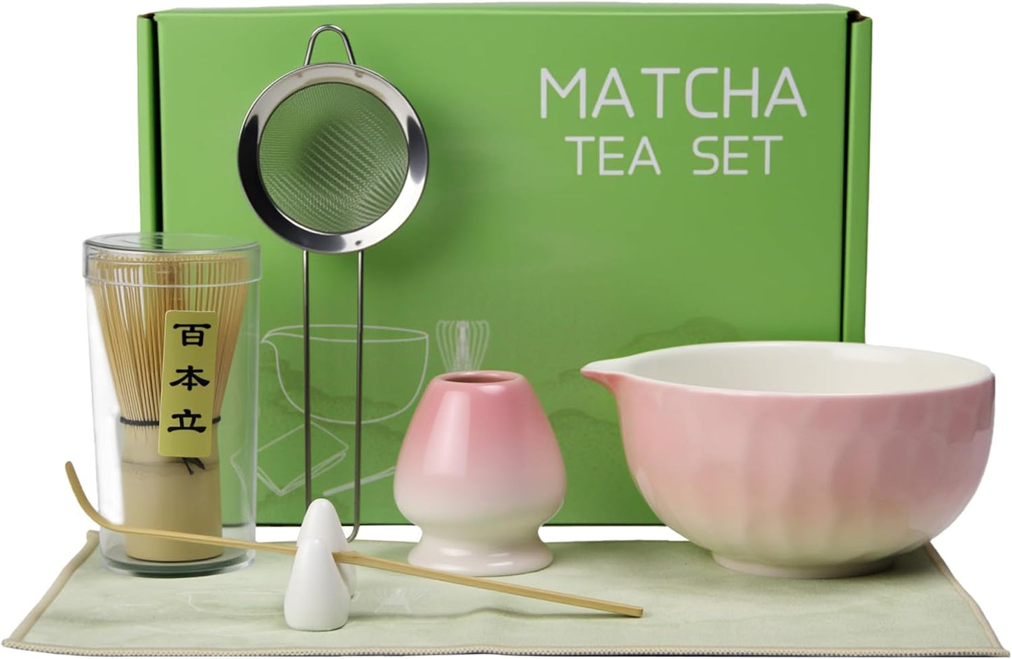 7-Pcs Matcha Whisk Set - Ceramic Matcha Set Includes Bowl,Whisk,Holder,Bamboo Scoop,Scoop Rest,Sifter & Tea Towel – Japanese Traditional Tea Kit for Beginners & Tea Lovers (Gradient Pink)