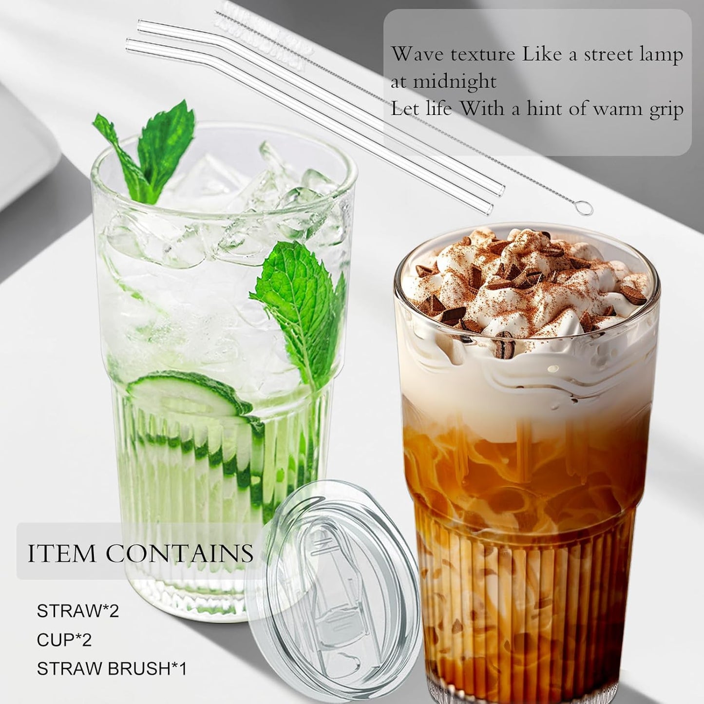 18.5oz Glass Cups with Lids and Straws - Set of 2 Reusable Tumblers, Thickened Shatter-Resistant Glass, Ideal for Iced Coffee, Smoothies, Cocktails, Juices - Elegant & Durable Drinkware