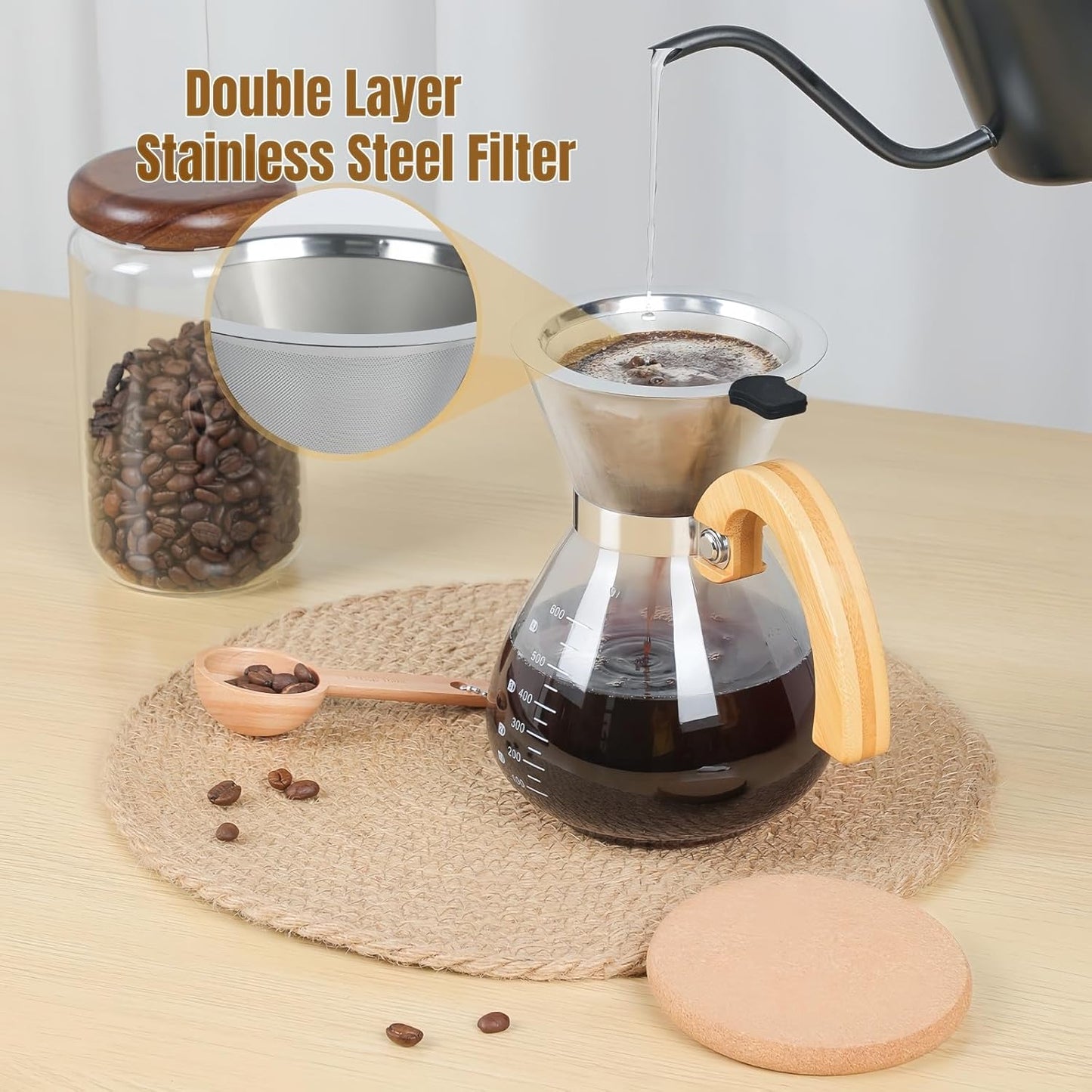 Pour Over Coffee Maker Set, with Double-Layer Stainless Filter and Wooden Handle, 20 oz 600ml Thickened Borosilicate Glass Pour Over Coffee Dripper for Home Café