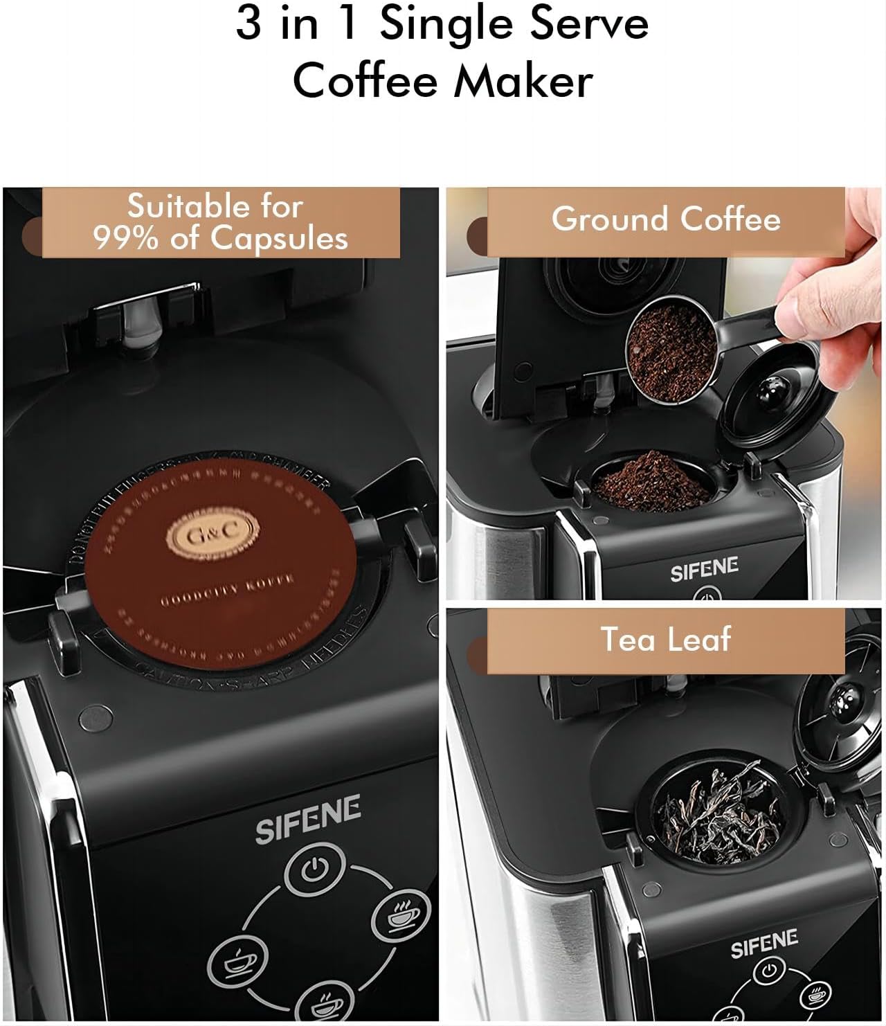 SIFENE Single Serve Coffee Maker, 3-in-1 Quick Brew for Coffee Pods, Ground Coffee, & Loose Tea, 6-12oz Cup Sizes, 50oz Removable Water Tank, 1150W, Compact, Black