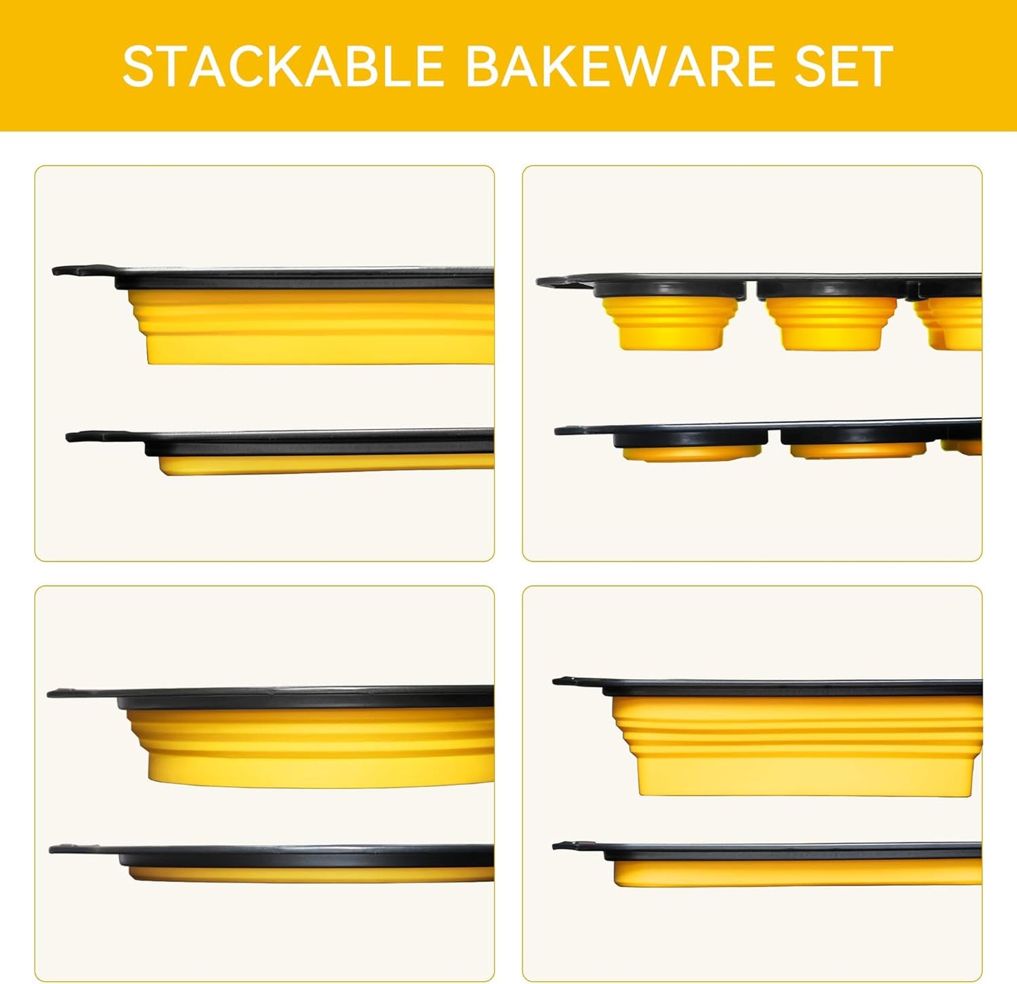 8 Piece Nonstick Baking Pans, Silicone Bakeware Set with Press to Release Design, Oven Mitts, Spatula & Brush Flexible, Stackable, BPA Free, Dishwasher & Oven Safe, Yellow