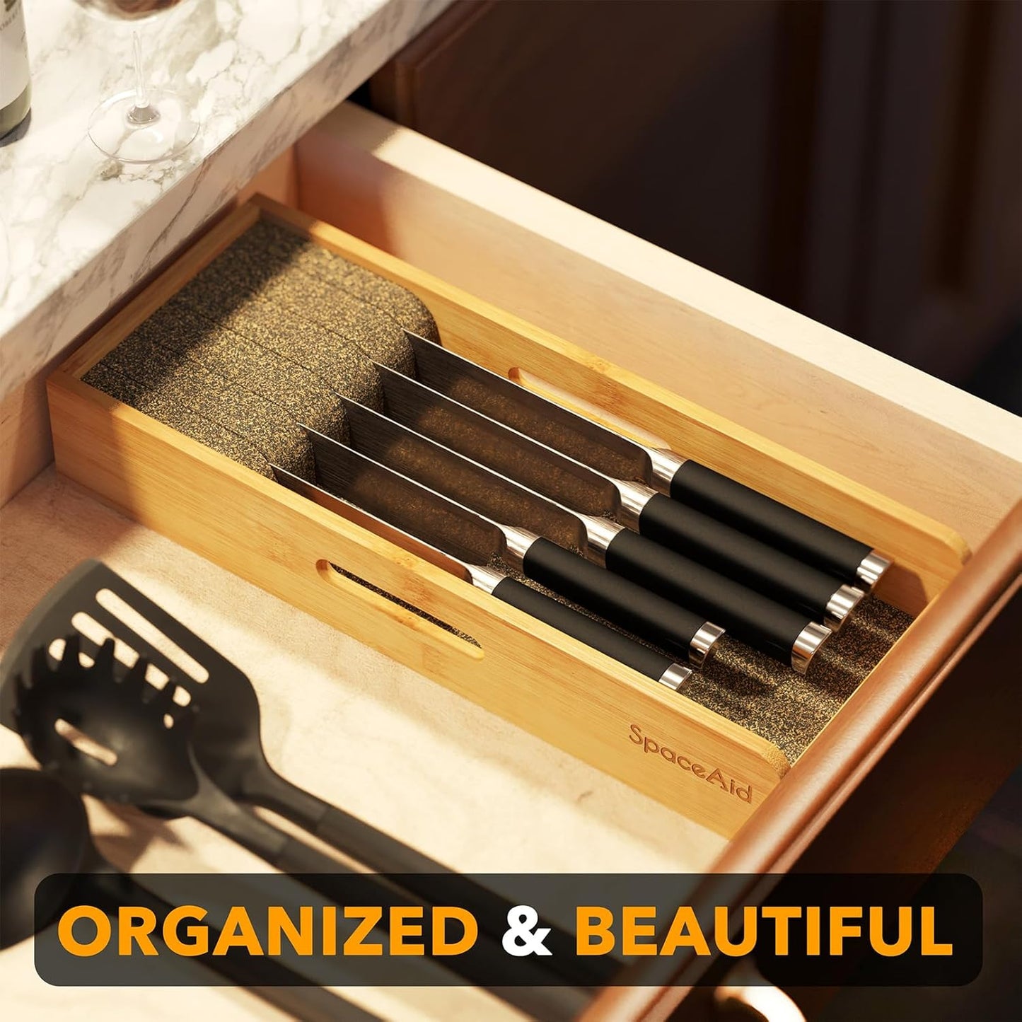 SpaceAid Knife Drawer Organizer Bamboo Insert Dock, Kitchen Steak Knives Holder Organizers Block for Drawer in Storage Organization (Small)