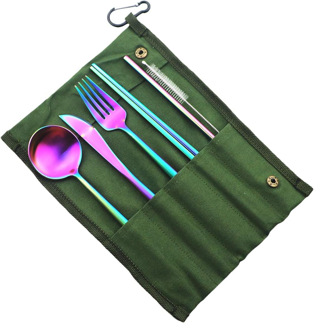 Gugrida Reusable Travel Utensils, 7 Piece Portable 304 Stainless Steel including Knife Fork Spoon Chopsticks Cleaning Brush Straws Portable Pouch, Eco-friendly Camping Silverware Set, Dishwasher Safe