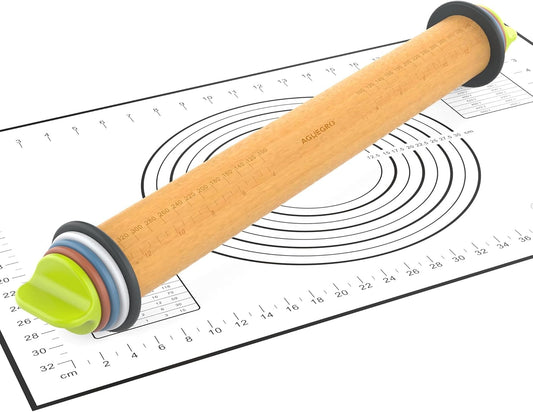 Rolling Pin with Adjustable Thickness Ring and Silicone Baking Mat for Baking, Fondant,Pizza,Pie,Cookies,Pastries,13.6"Wooden Rolling Pin Dough Roller with 4 Multi-Color Thickness Rings