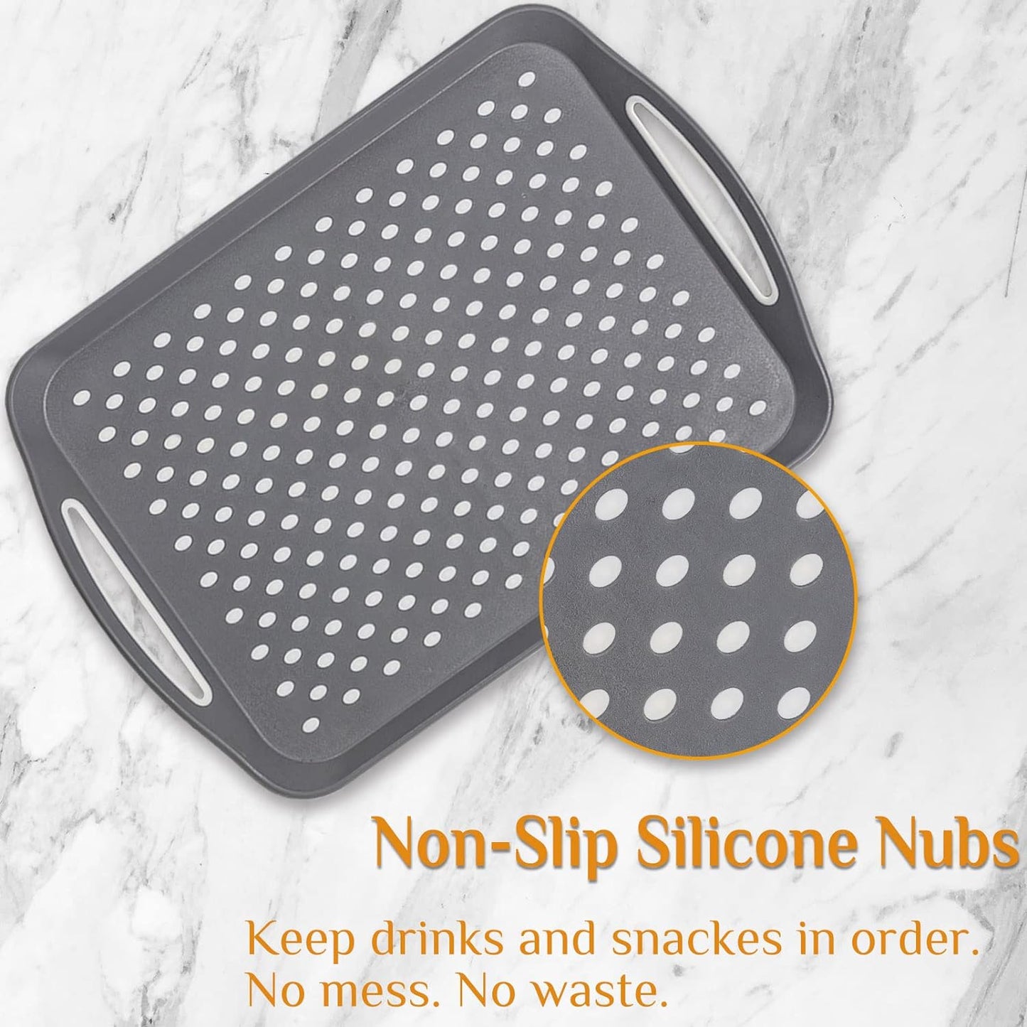 17.7" x 12.5" Anti-Slip Serving Trays with Handles, 3 Pcs X-Large Rectangular Food Serving Tray for Lap, Reusable and Durable, Grey