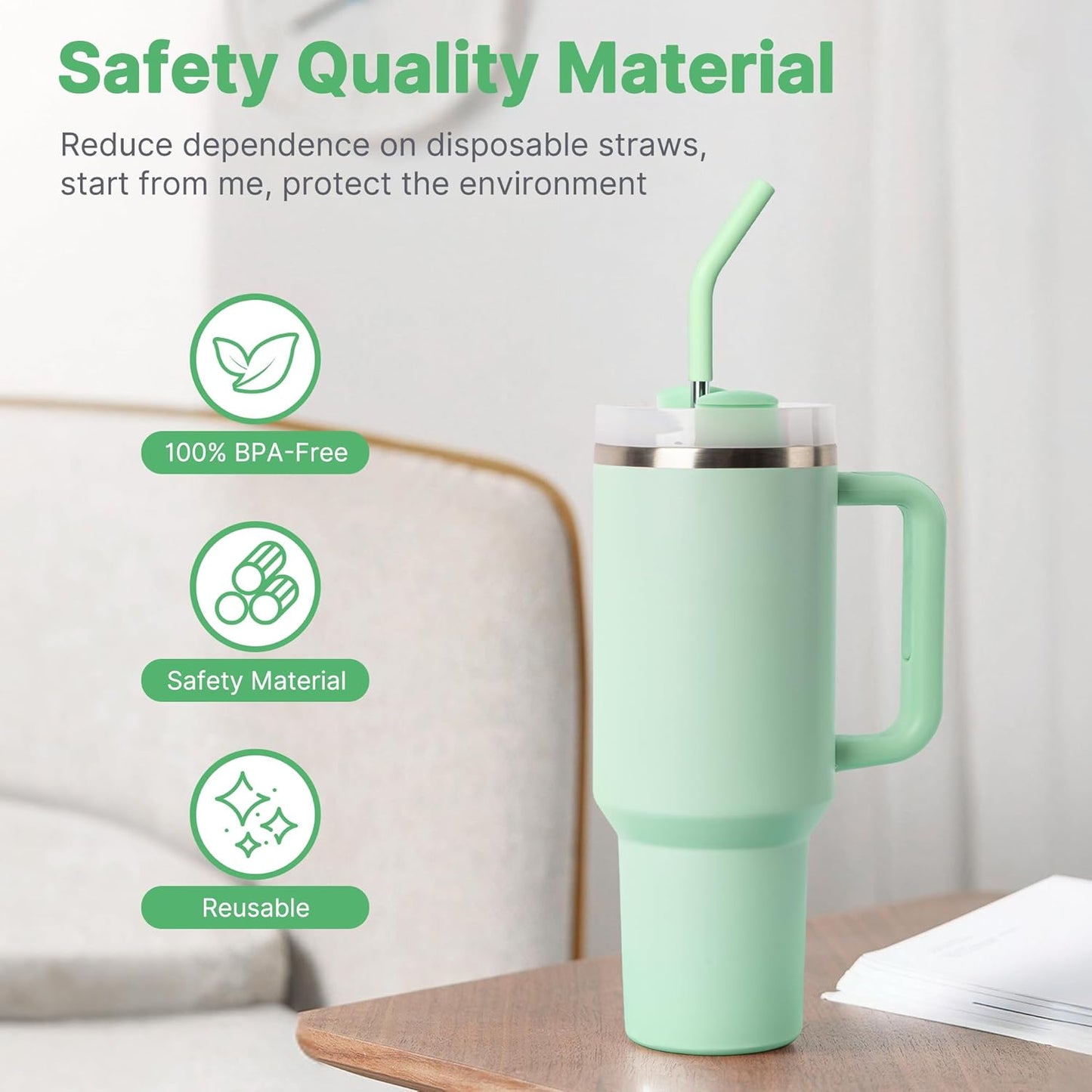 Metal Straw for Stanley Quencher Cup, Simple Modern, Meoky 40 oz Tumbler, 5 PCS Straight Reusable Stainless Steel Straws with Silicone Tips, Cleaning Brushes