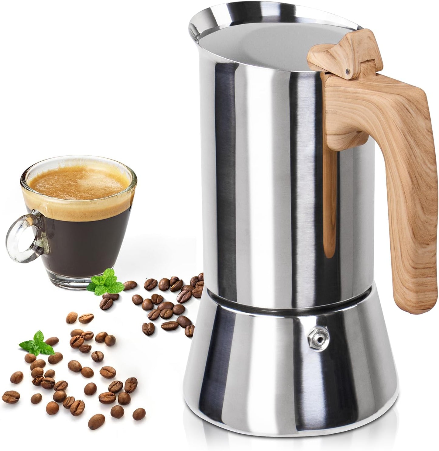 Uncoated 2 Cup Moka Pot 304 Thickened Stainless Steel Coffee Maker Stovetop Espresso Coffeemaker Italian Classic Style Brewing Greca Cafe Mocha Machine for Cafeteras Camping Travel Home 100ml 3.3oz