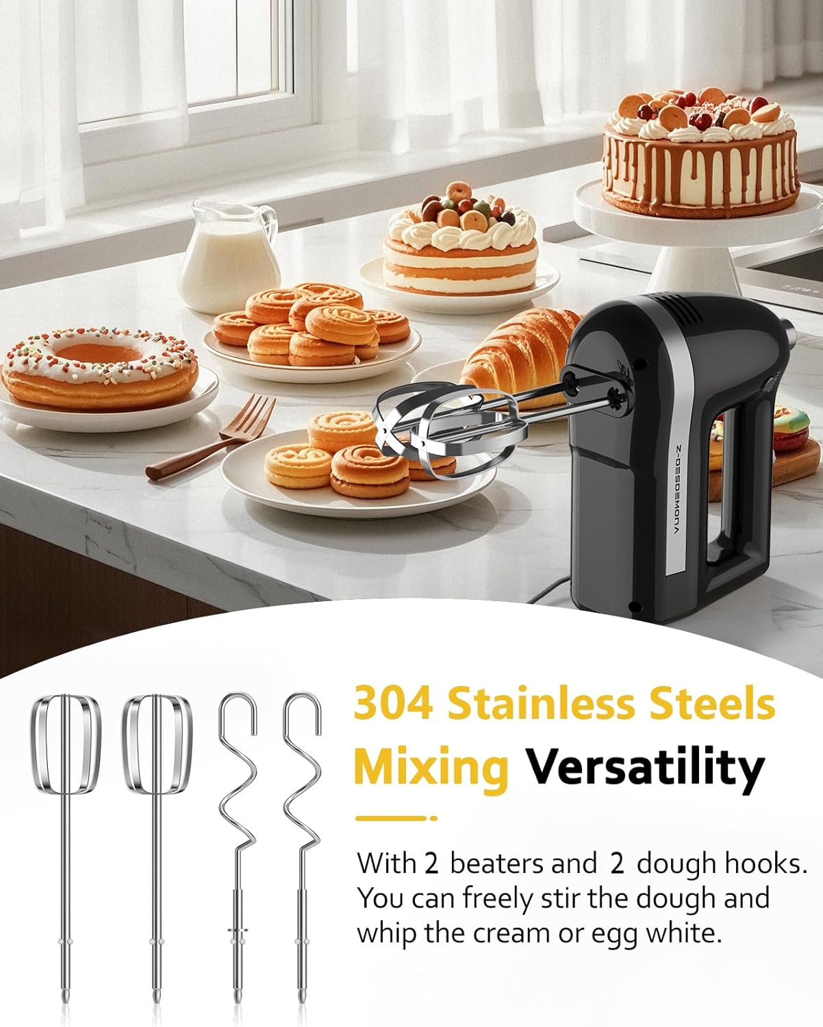 Electric Hand Mixer, Powerful 300W Hand Mixer Electric Handheld with 304 Beaters, Dough Hook,Hand Held Mixer with Turbo for Baking Cakes, Eggs, Cream Food(Black)