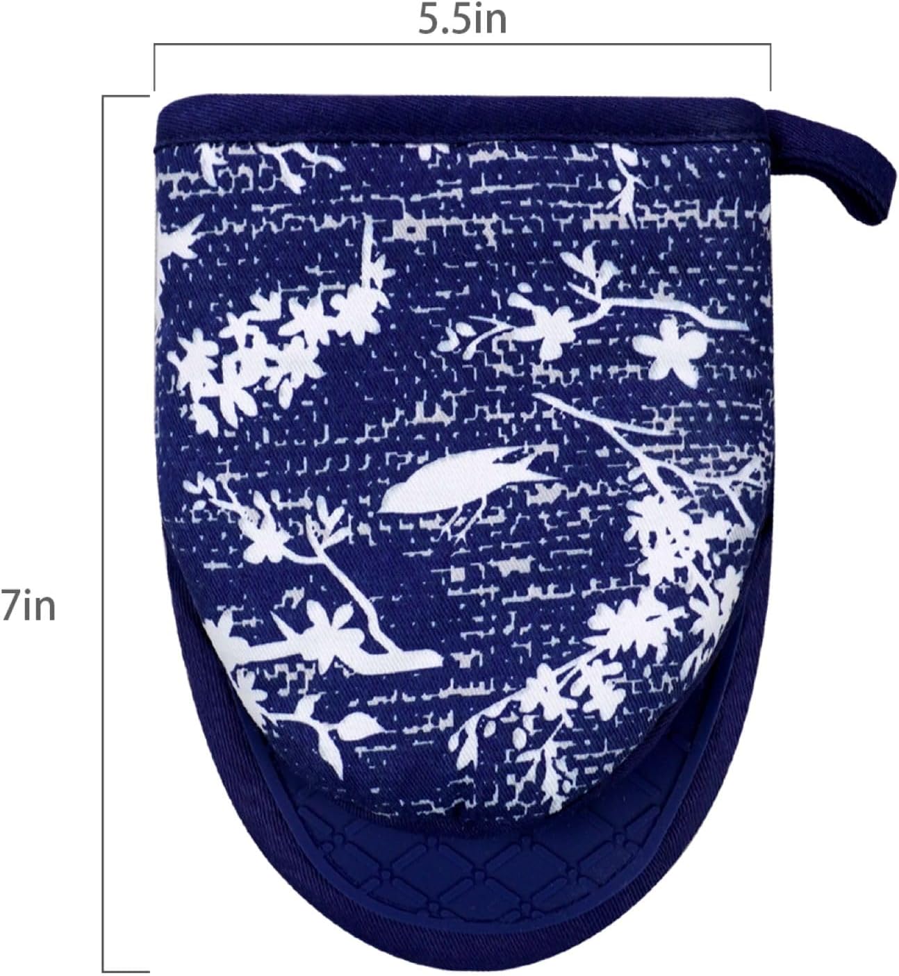 Mini Silicone Oven Mitts, Heat and Slip Resistant Kitchen Gloves 2-Pack Set, Birds Flower Soft Short Oven Mittens, Flexible Thick Pot Holders for Safe Cooking Baking and Grilling (Navy)