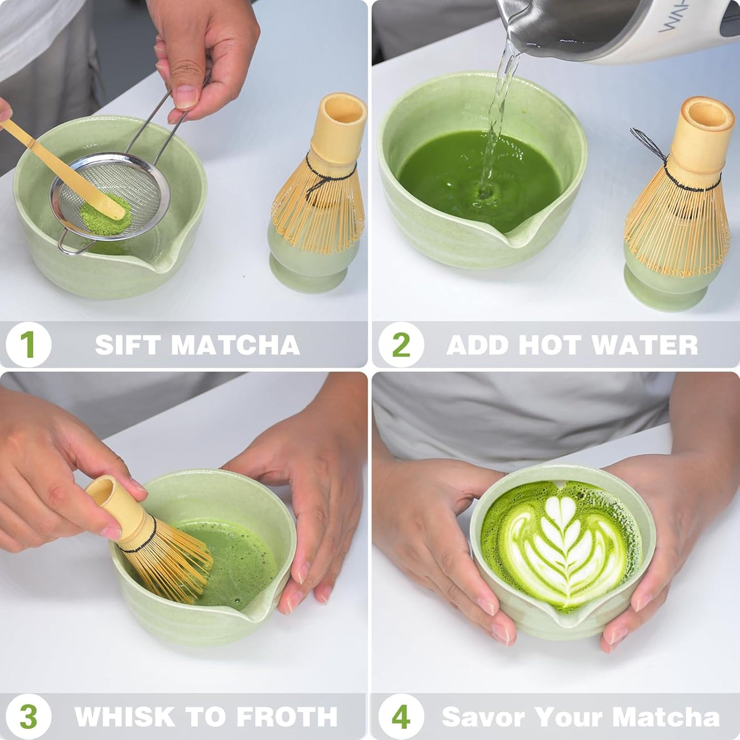 Matcha Whisk Set, Ceramic Matcha Bowl with Spout, Matcha Whisk, Chasen Holder, Powder Sifter, Bamboo Scoop, Complete Tea Making Kit for Matcha Lovers, Unique Gifts for Women Men Christmas