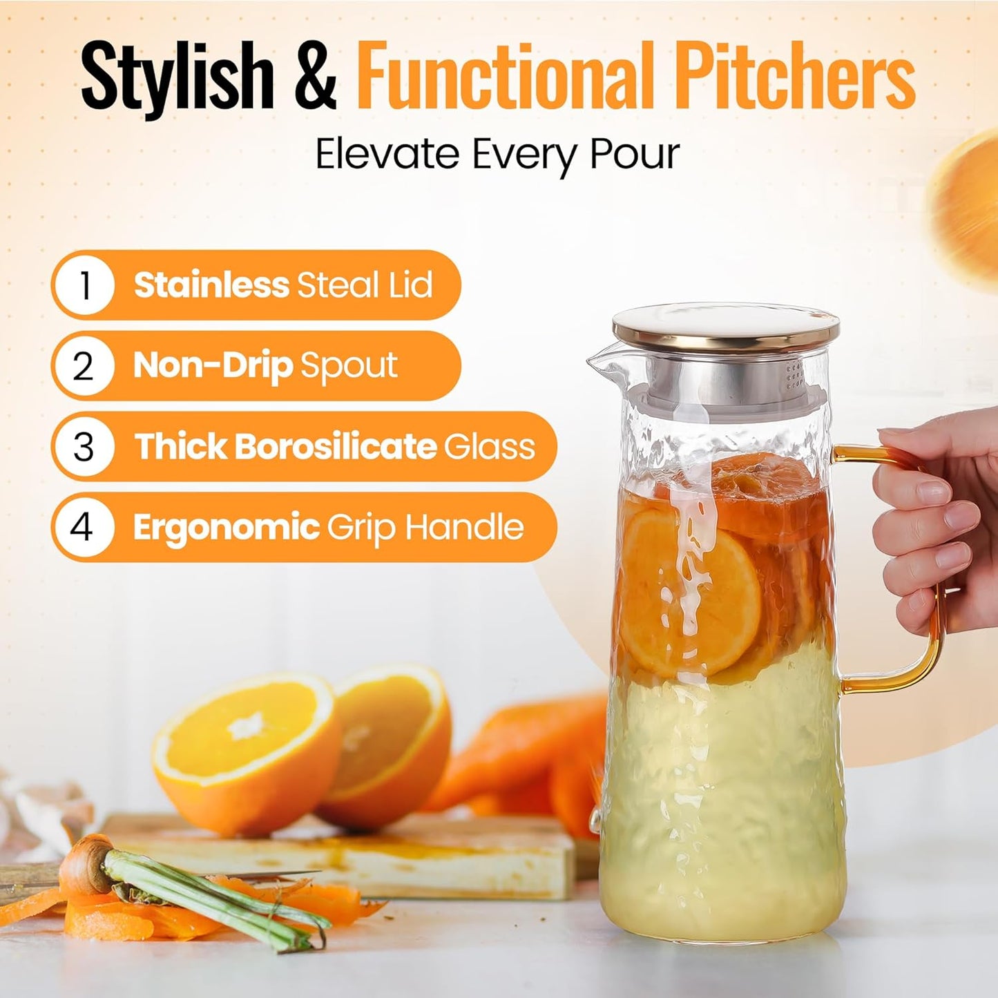 Glass Water Pitcher with Stainless Steel Lid, 2 Pack, 50 oz 1.5L - Borosilicate Glass Jug, Heat Resistant Carafe with Filter, Golden Vintage Design