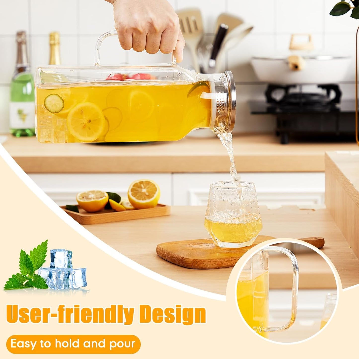 Honeydak 2 Pack 2.5 Liters 85 oz Square Glass Pitcher with Lid and Handle, Glass Water Jars Carafe Jug for Hot/Cold Drinks, Tea, Beverages, Parties and Picnics