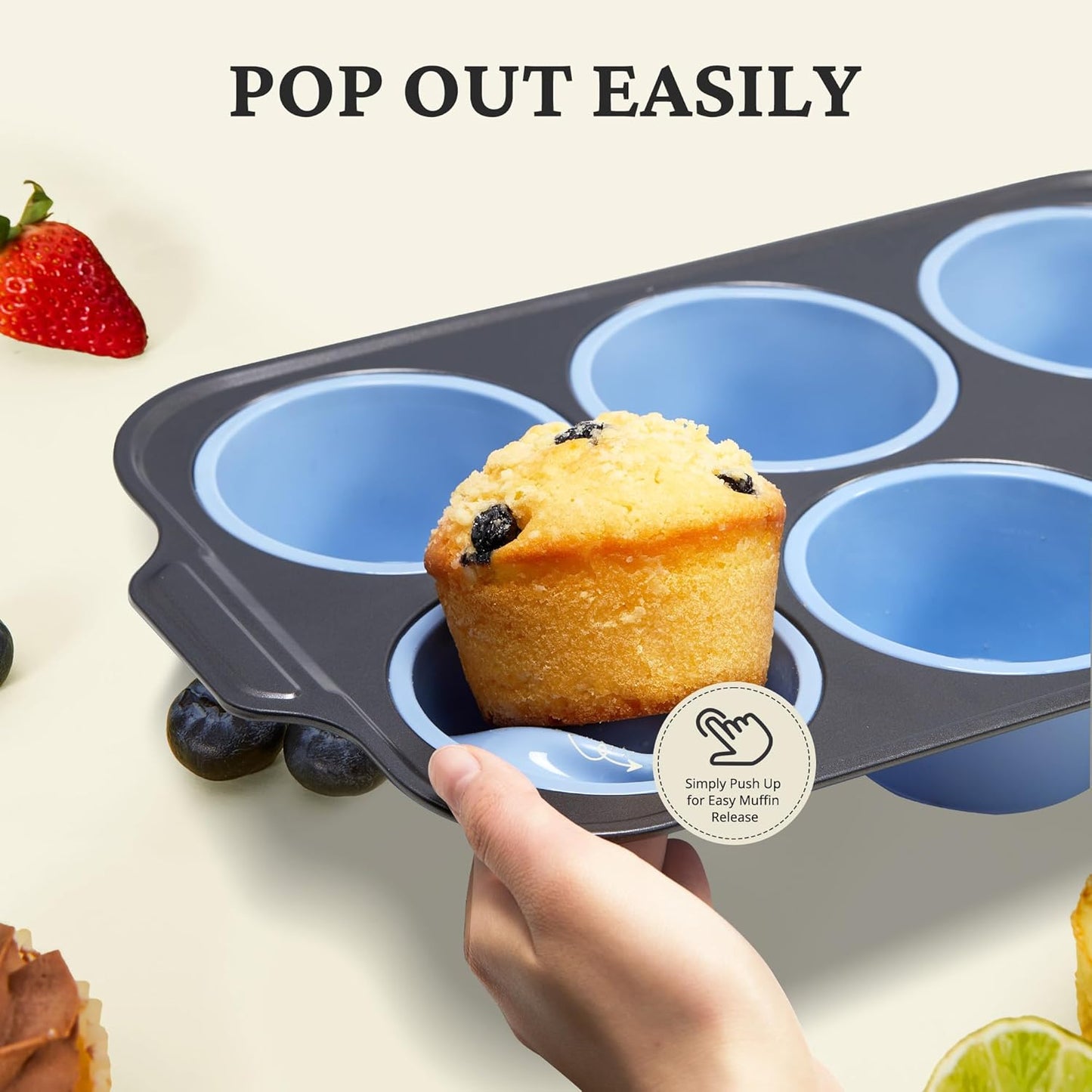 BRONYPRO Jumbo Silicone Muffin Pan with Metal Frame, 3.5" Large Muffin Tins, Non-Toxic Food Grade Silicone, Non-Stick for Egg Bites & Big Cupcakes, Oven Safe, Blue