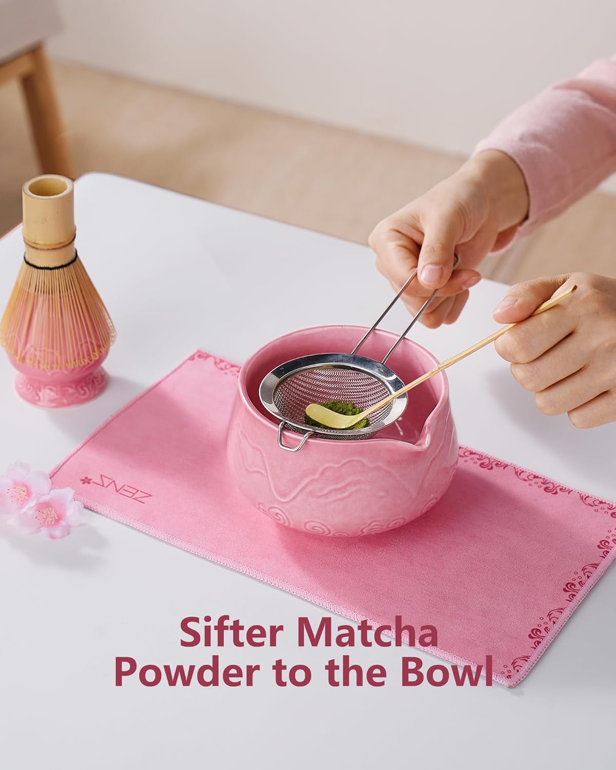 ZENS Pink Matcha Set, Matcha Whisk Set Includes 15oz Ceramic Bowl & (Chasen Holder), Bamboo Whisk & Scoop, Sifter and Pink Tea Towel, 6pcs Matcha Kit for Matcha Lovers