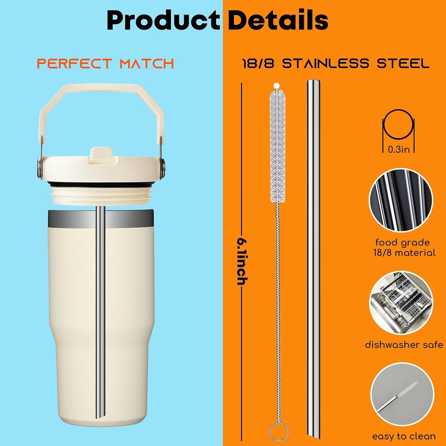 ALINK Stainless Steel Straws Compatible with Stanley Iceflow 20oz Flip Tumbler, 6 Pack Reusable Metal Straws for Stanley Ice Flow 20oz Cup Lid Only, Plus Straw Cleaner Brush