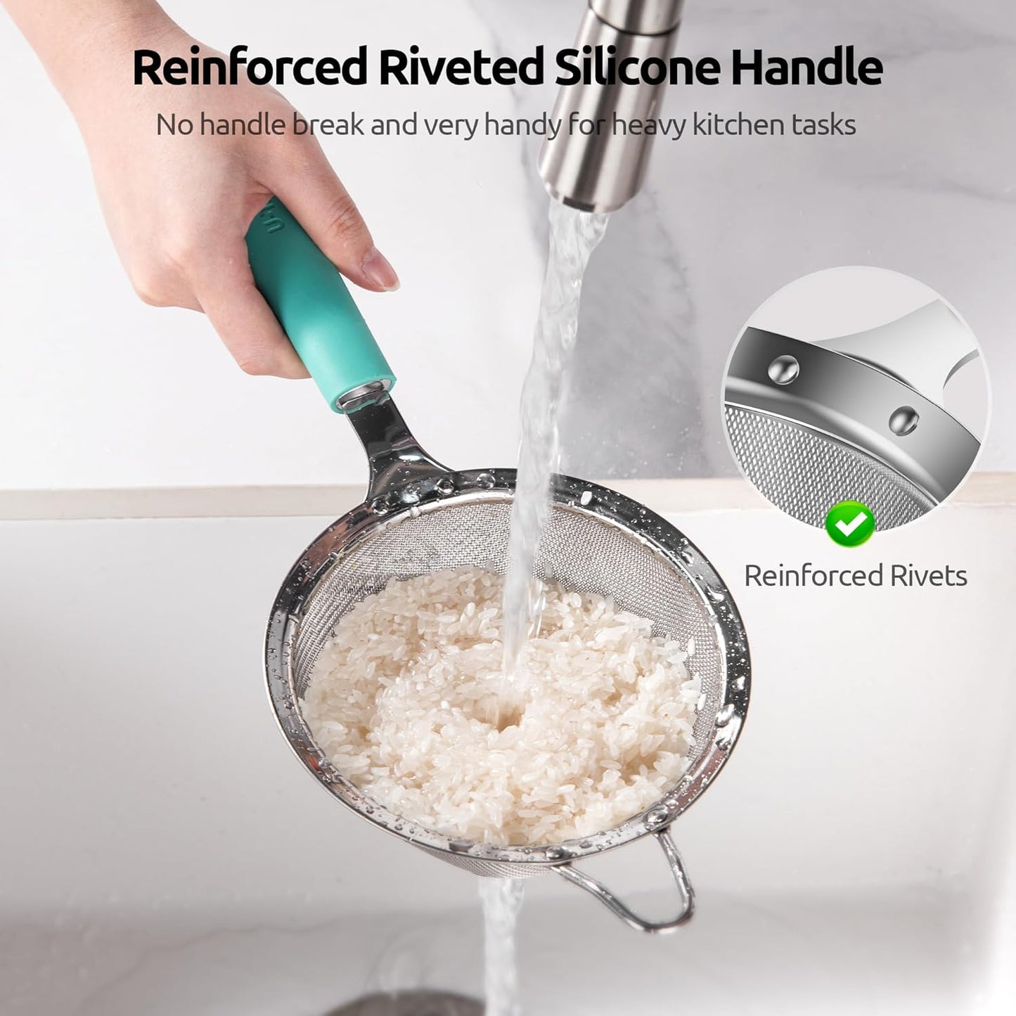 U-Taste Medium Fine Mesh Strainer: 18/8 Stainless Steel 4.73in 30 Mesh Kitchen Food Sieve with Sturdy Riveted Silicone Handle, Heavy Duty Deep Handheld Metal Colander for Rice, Quinoa, Flour(Aqua Sky)