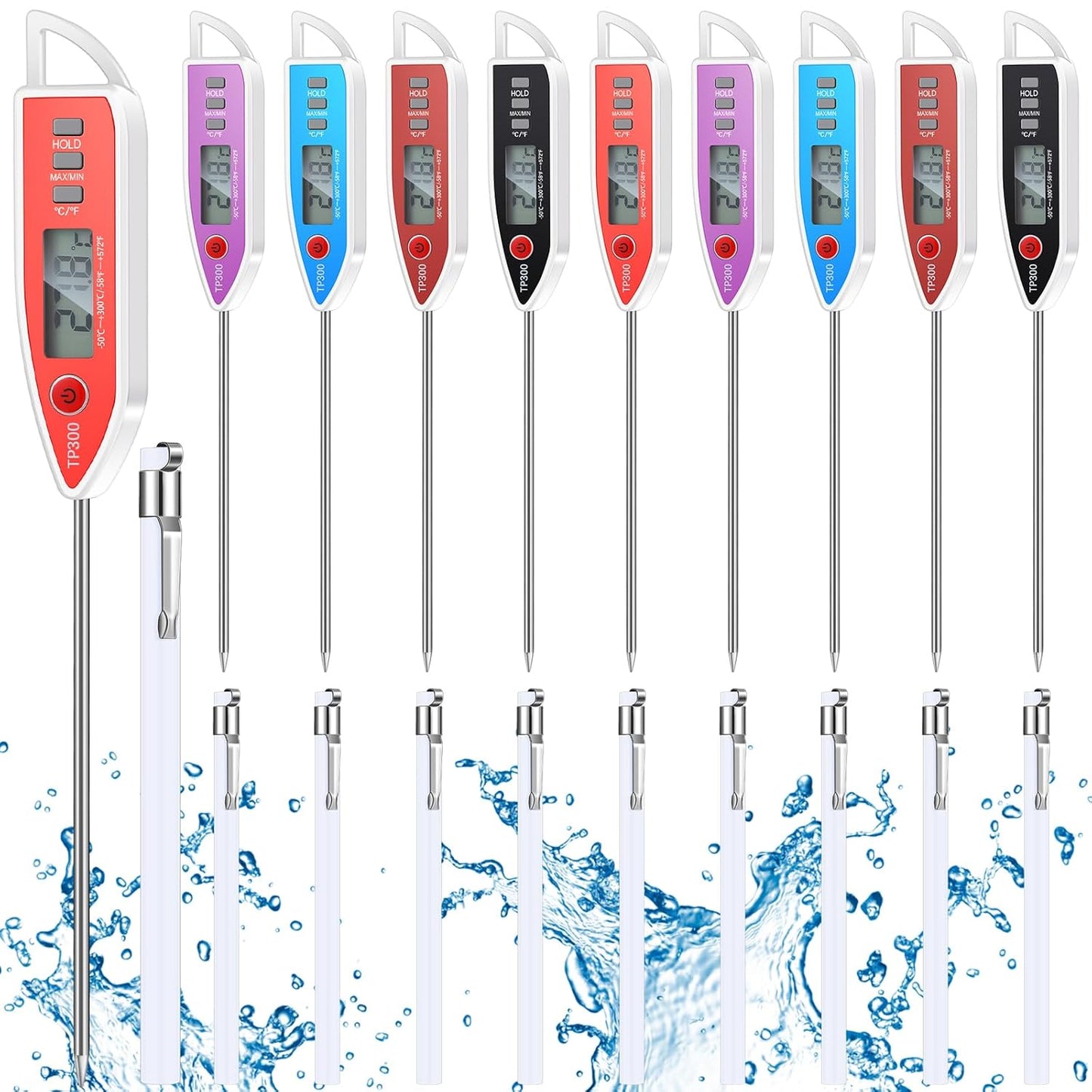 10 Set Waterproof Food Thermometer for Water, Liquid, Candle and Cooking Digital Meat Thermometer with Long Probe Instant Read for Kitchen BBQ Grill Candy (White)