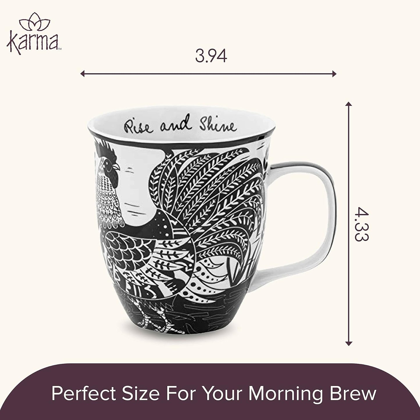 Karma Gifts 16 oz Black and White Boho Mug Rooster - Cute Coffee and Tea Mug - Ceramic Coffee Mugs for Women and Men
