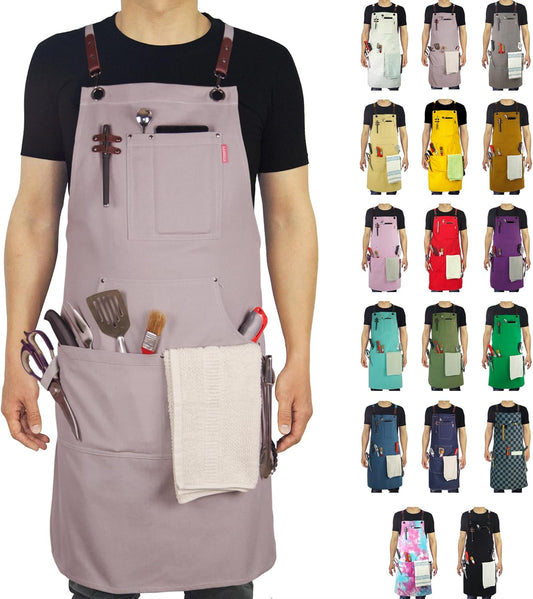 Kitchen Apron, Work Apron, Canvas, Multiple Pockets, Gardening, Painting, BBQ, Artist, Carpenter, Sizes M to XXL, Grey